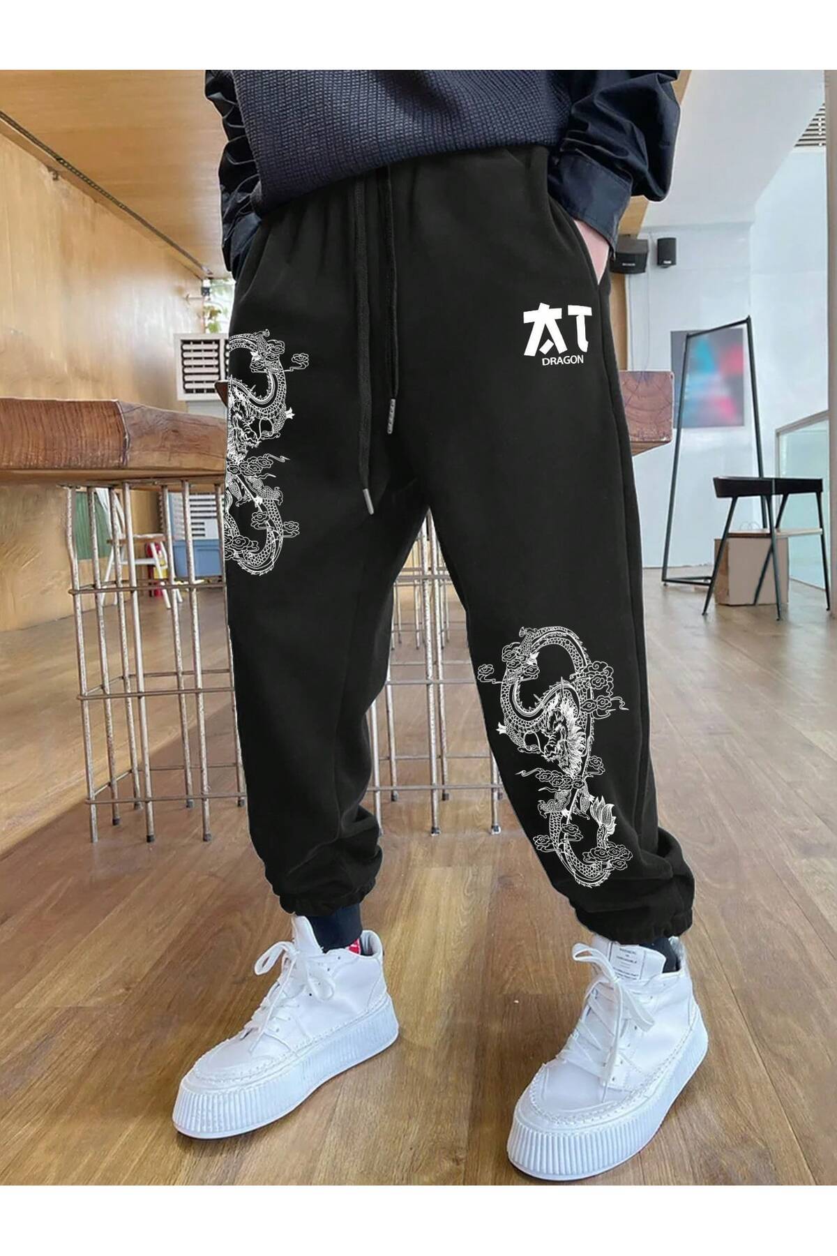 Adrift  Dragon & Letter Graphic Drawstring Waist Eşofman Altı - Görsel 3