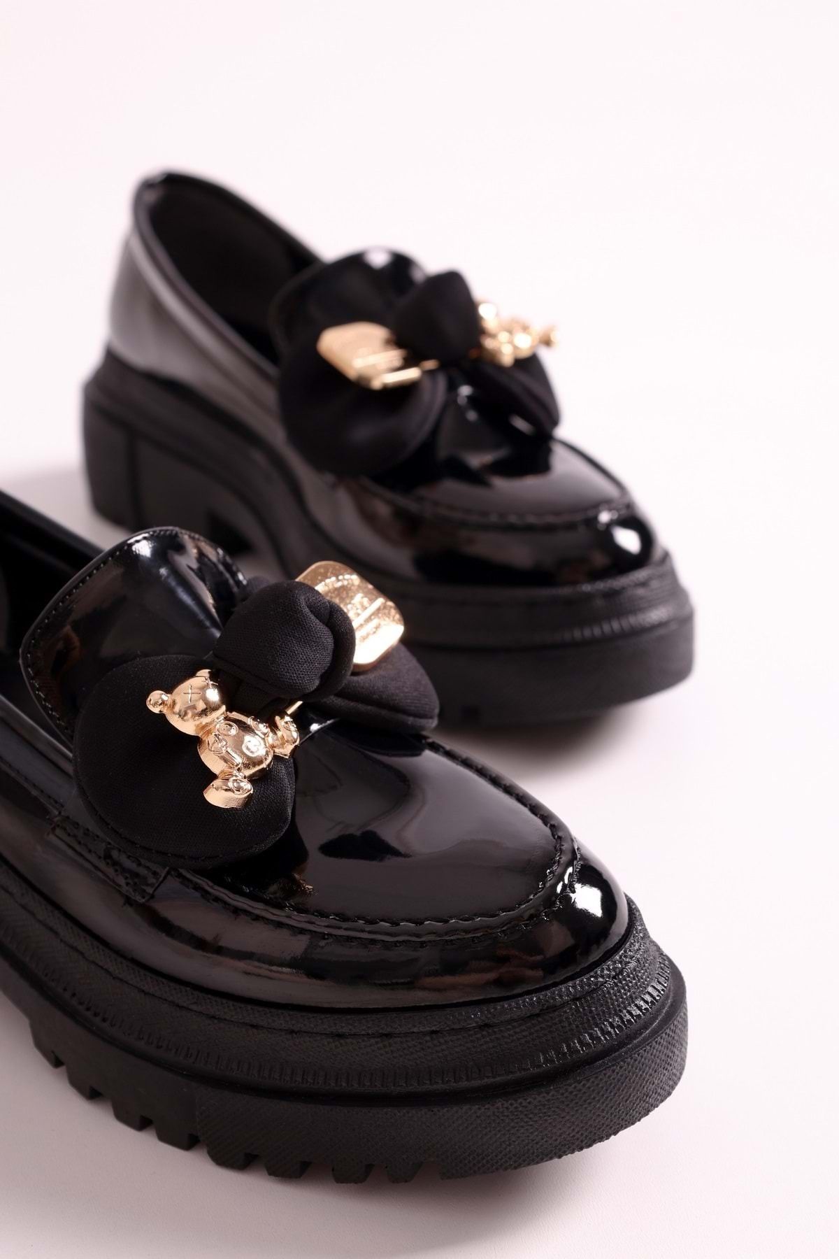 Shoeberry-Mocasini Astor din piele neagră, cu fundă, cu fundă, cu talpă groasă 4