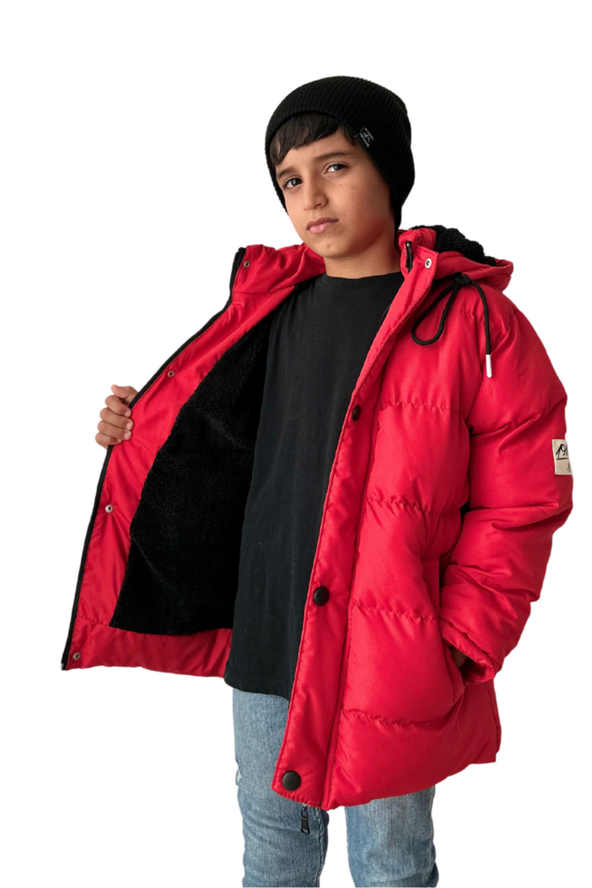  کاپشن پسرانه قرمز - کاپشن بچه‌گانه قرمز با آستر خز و کلاه جداشدنی