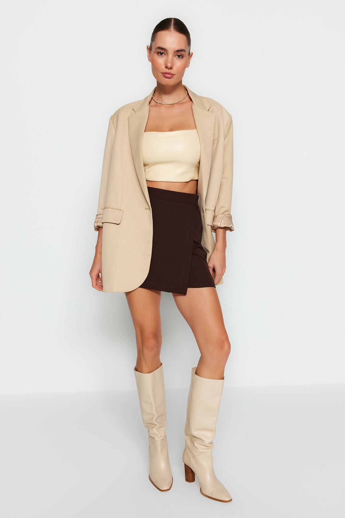 Trendyol Collection-Fustă pantaloni scurți țesute la dublu maro amar TWOAW20SR0072 7