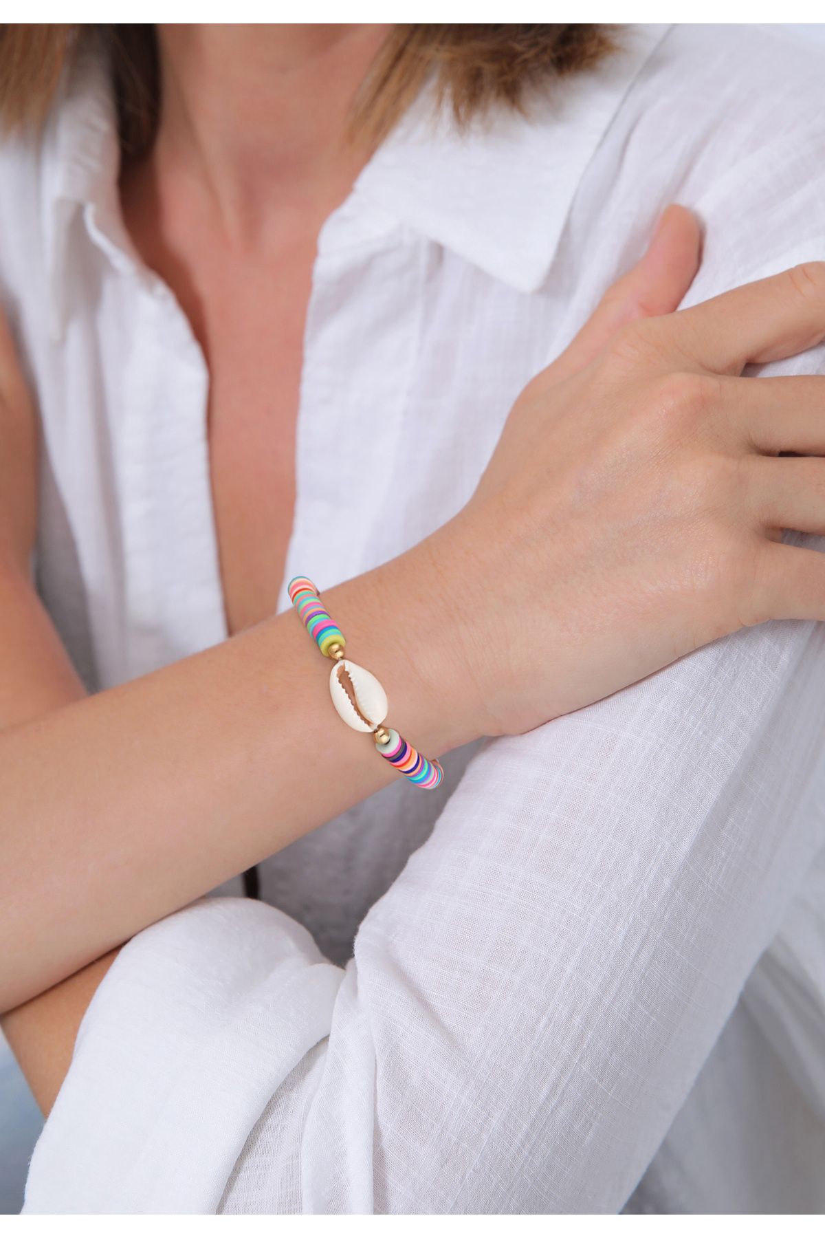 ELLI-Heishi Perlen Bunt Kauri Muschel – 925 Silb Armband 5