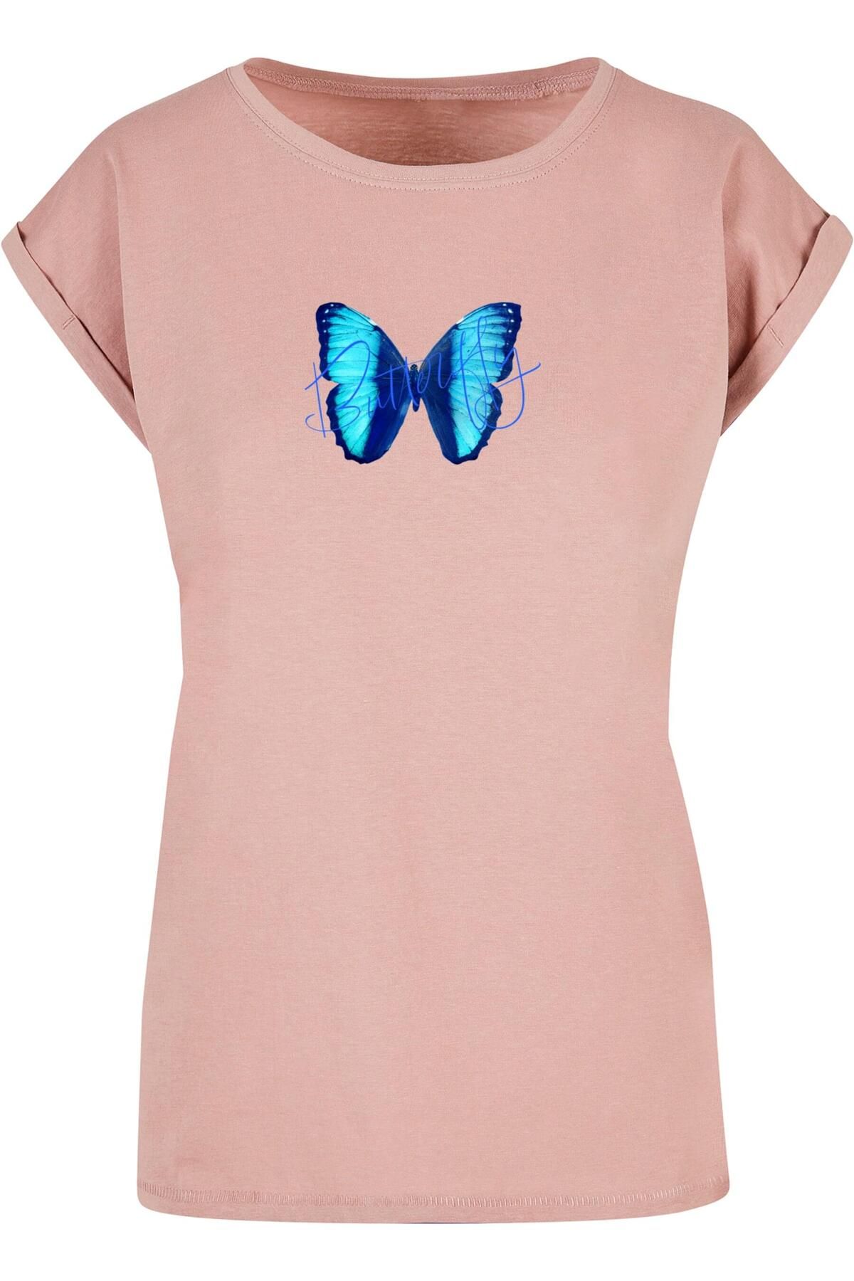 Merchcode Damen Ladies Butterfly - Schulterpartie mit Trendyol verlängerter T-Shirt Blue