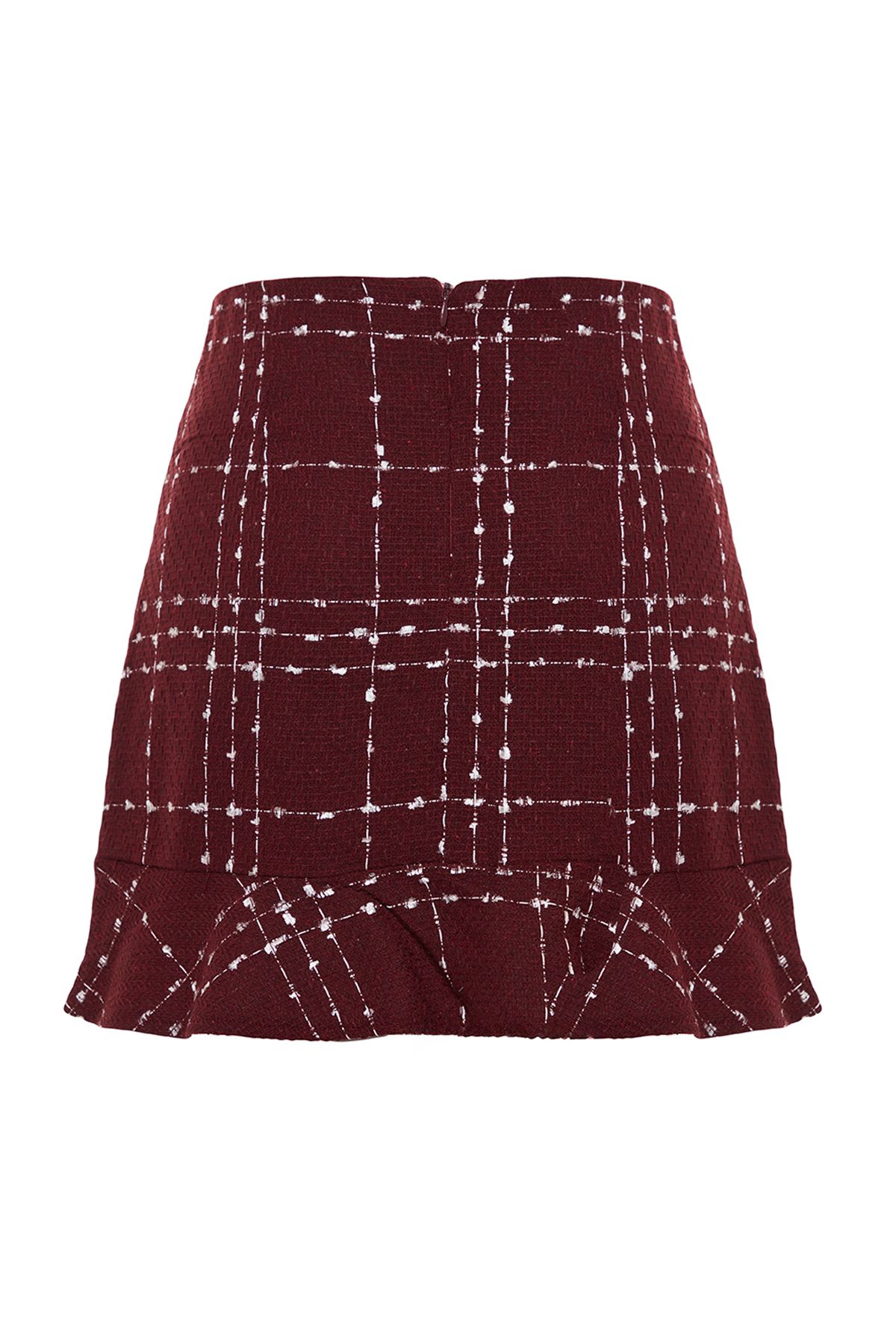 Trendyol Collection-Burgunderroter geknöpfter Tweed-Stoffrock mit Volantspitze und Mini-Webrock TWOAW22ET0155 8