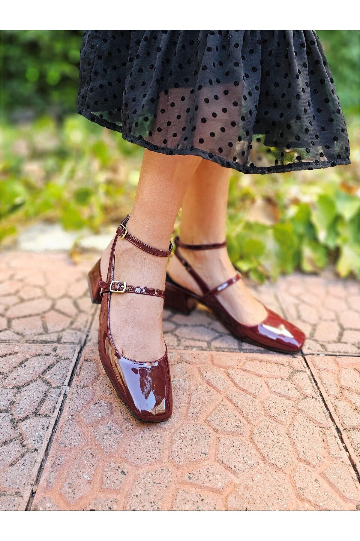 EPTC Burgundy Patent Leather Vintage Square Blunt Toe Thick Heeled