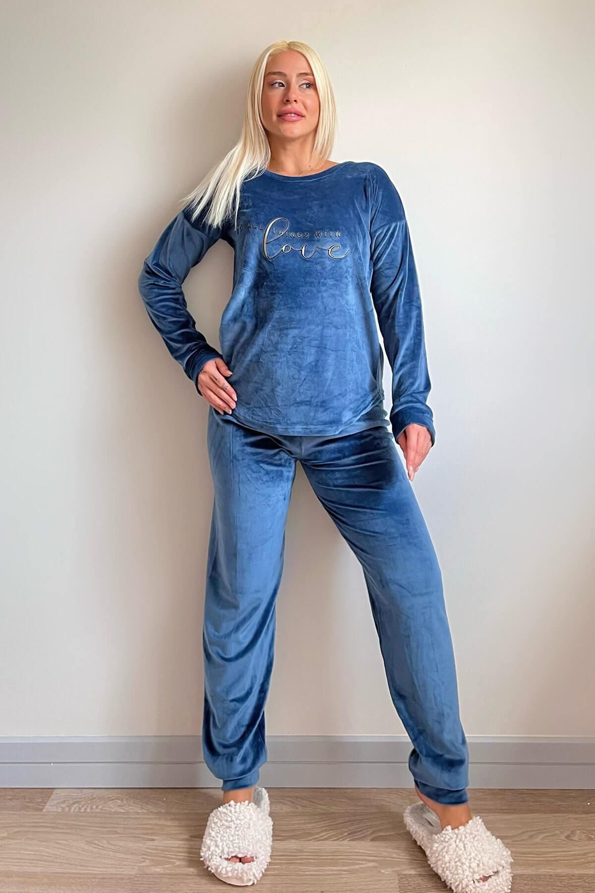 Pijamaevi-Powder Blue Love Patterned Exclusive Velvet Women's Pajama Set 5