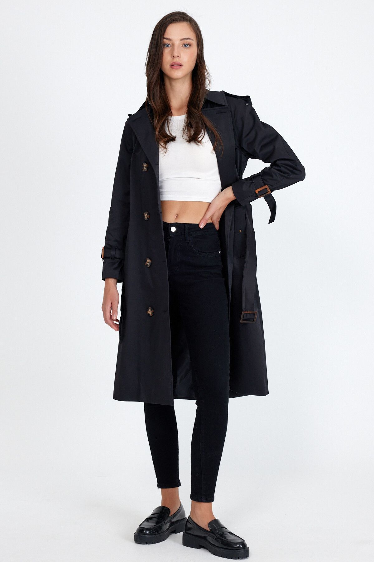 Women's black store lined trench coat