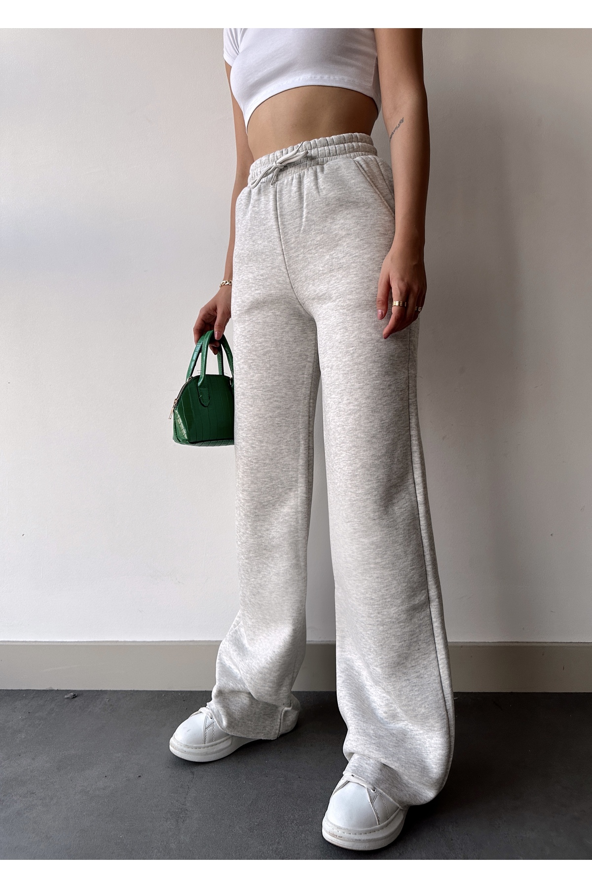 schlank  Kadın Açık Gri İçi Polarlı Kışlık Bağcıklı Yüksek Bel Bol Paça Eşofman Altı - Görsel 7