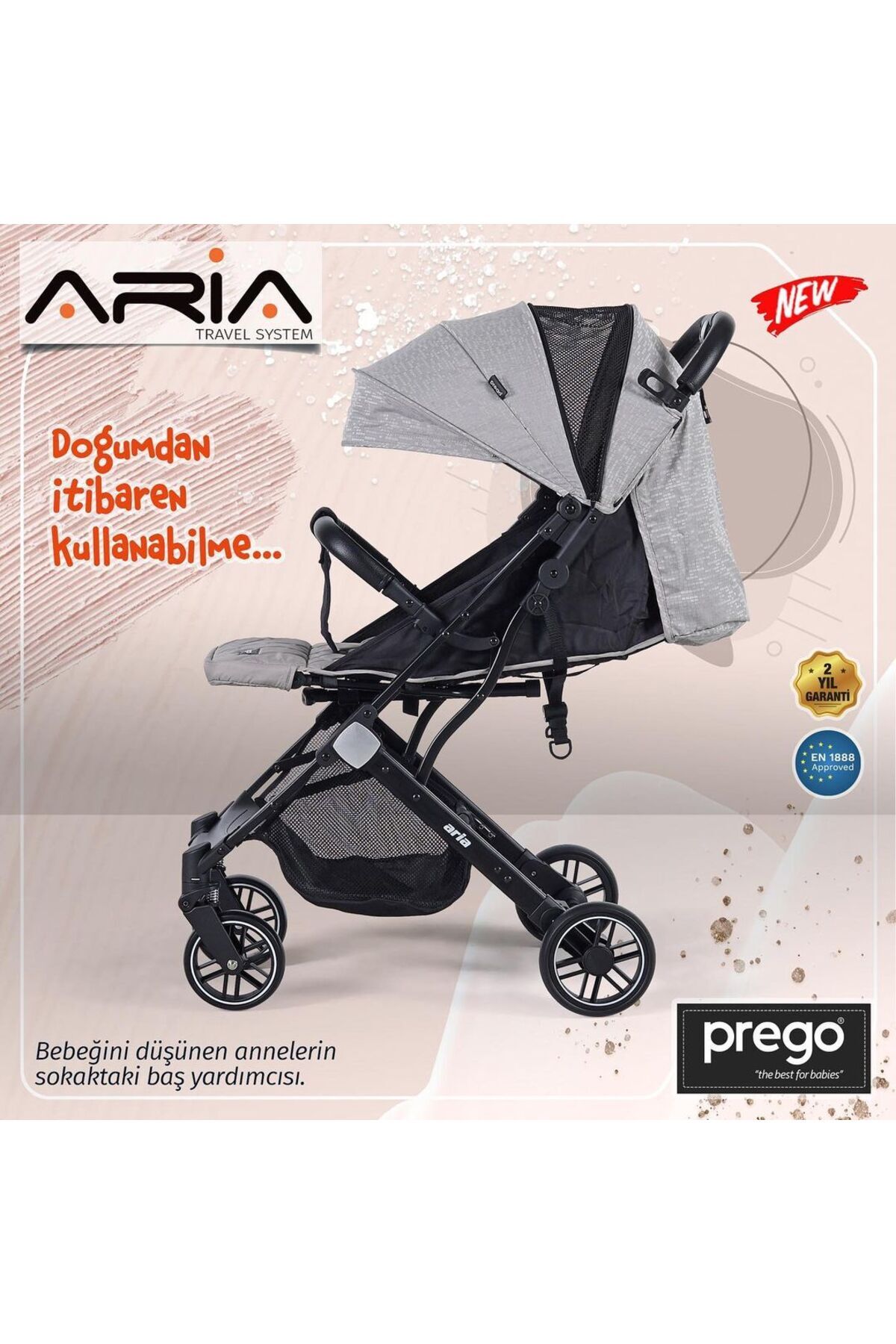 Prego Aria Bej Hafif Tek Elle Katlanır Kabin Boy Bebek Arabası fotoğrafı 3 (önizleme)