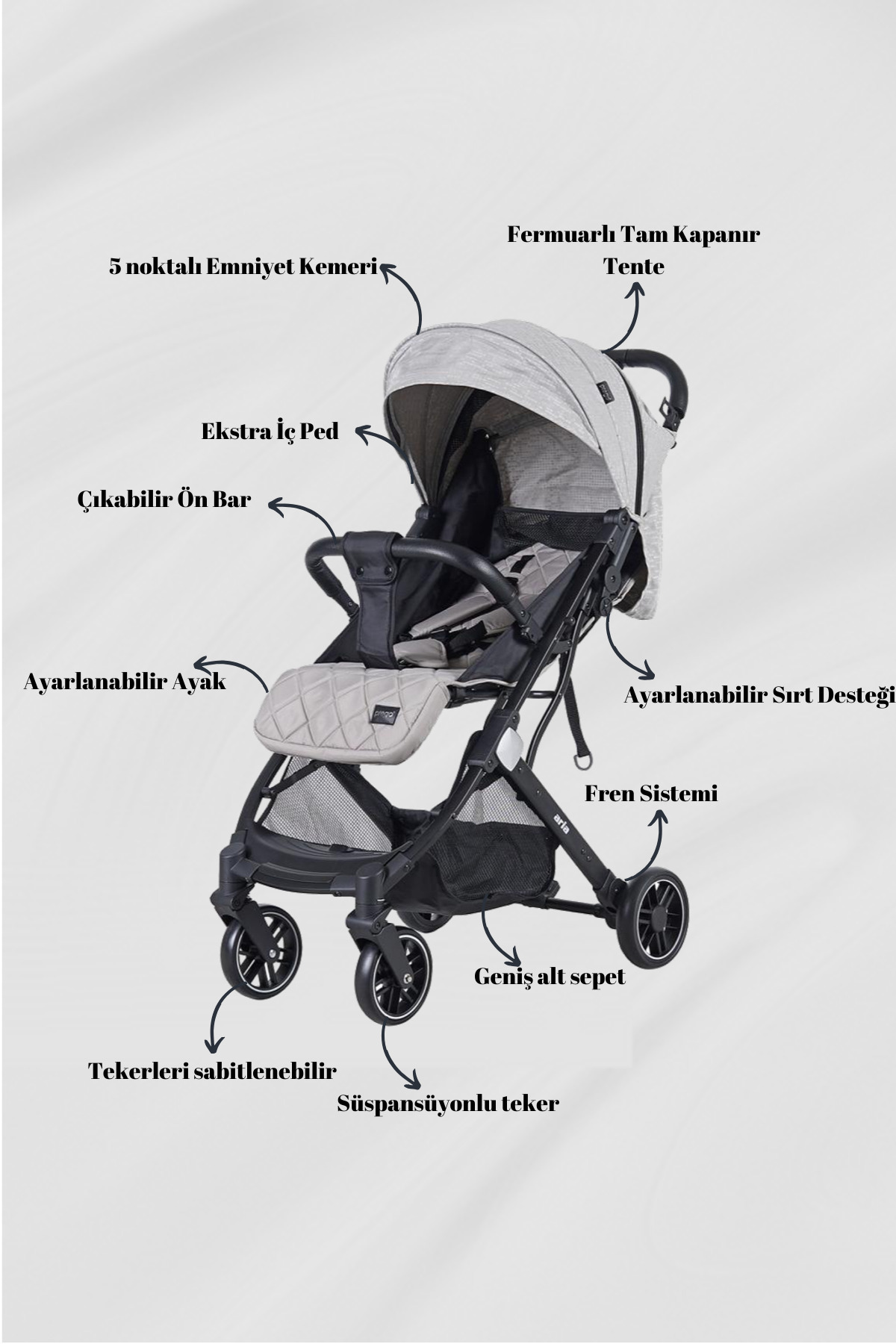 Prego Aria Bej Hafif Tek Elle Katlanır Kabin Boy Bebek Arabası fotoğrafı 2 (önizleme)