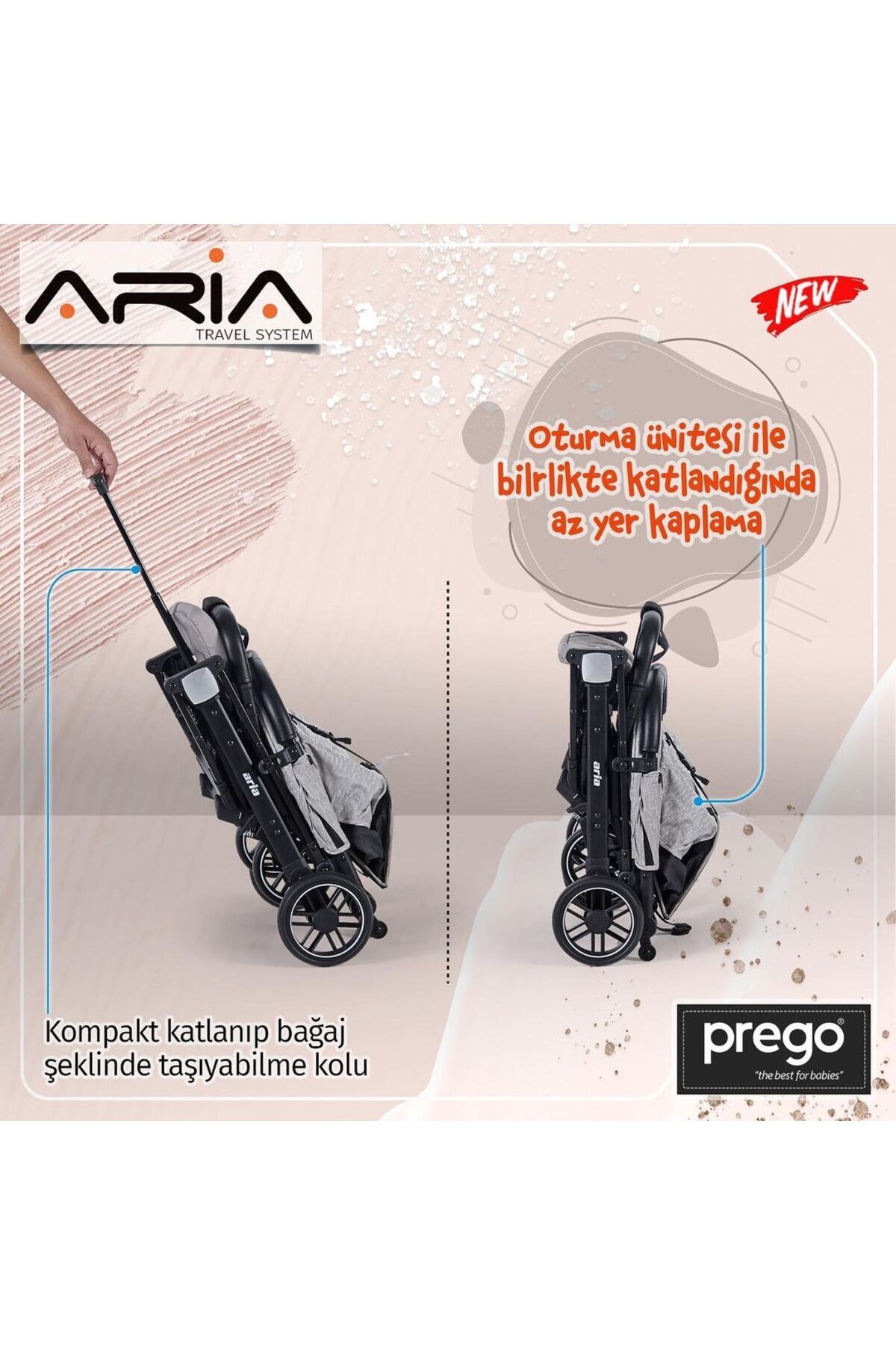 Prego Aria Gri Hafif Tek Elle Katlanır Kabin Boy Bebek Arabası fotoğrafı 5 (önizleme)