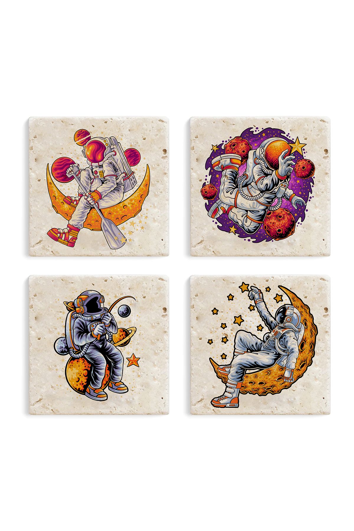 Gri Grafik Design Workshop-Astronaut Theme Uv Printed Stone Coasters Set of 4 Mod-1 5