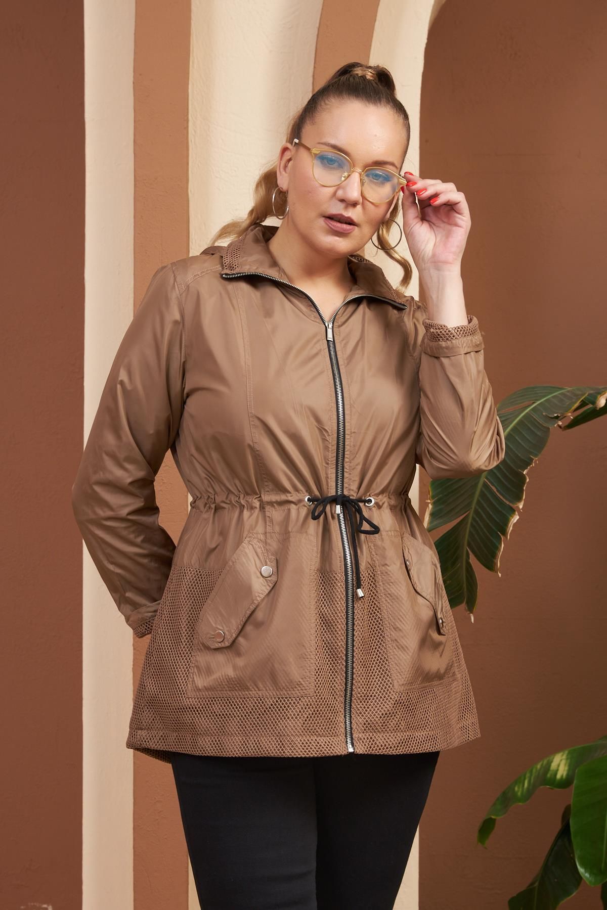Rmg Plus Size Mink Trench Coat with Mesh Detail Trendyol