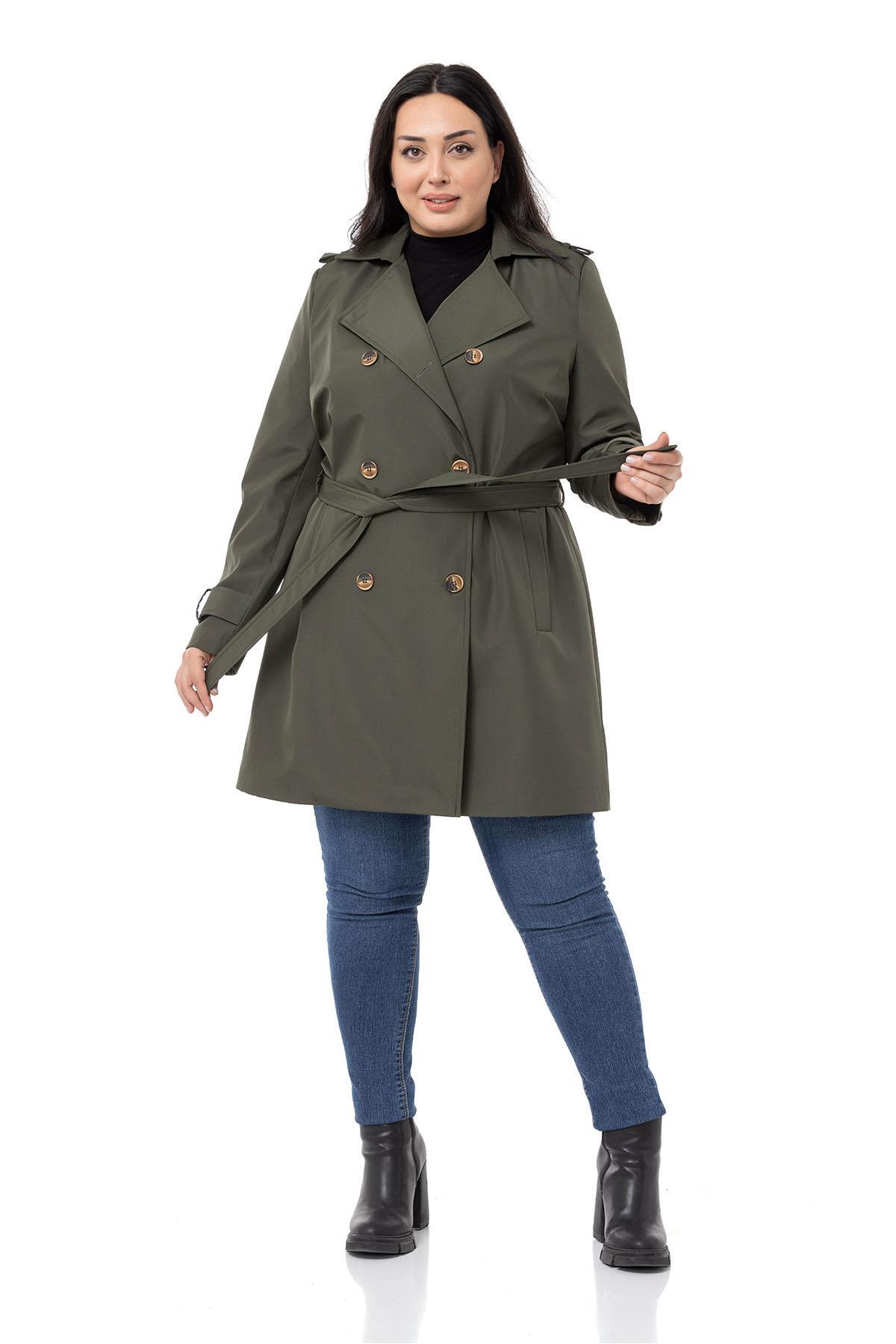 DISENTIS MODEST Büyük Beden Kruvaze Fleto Cepli Kuşaklı Apoletli Astarlı Haki Trençkot
