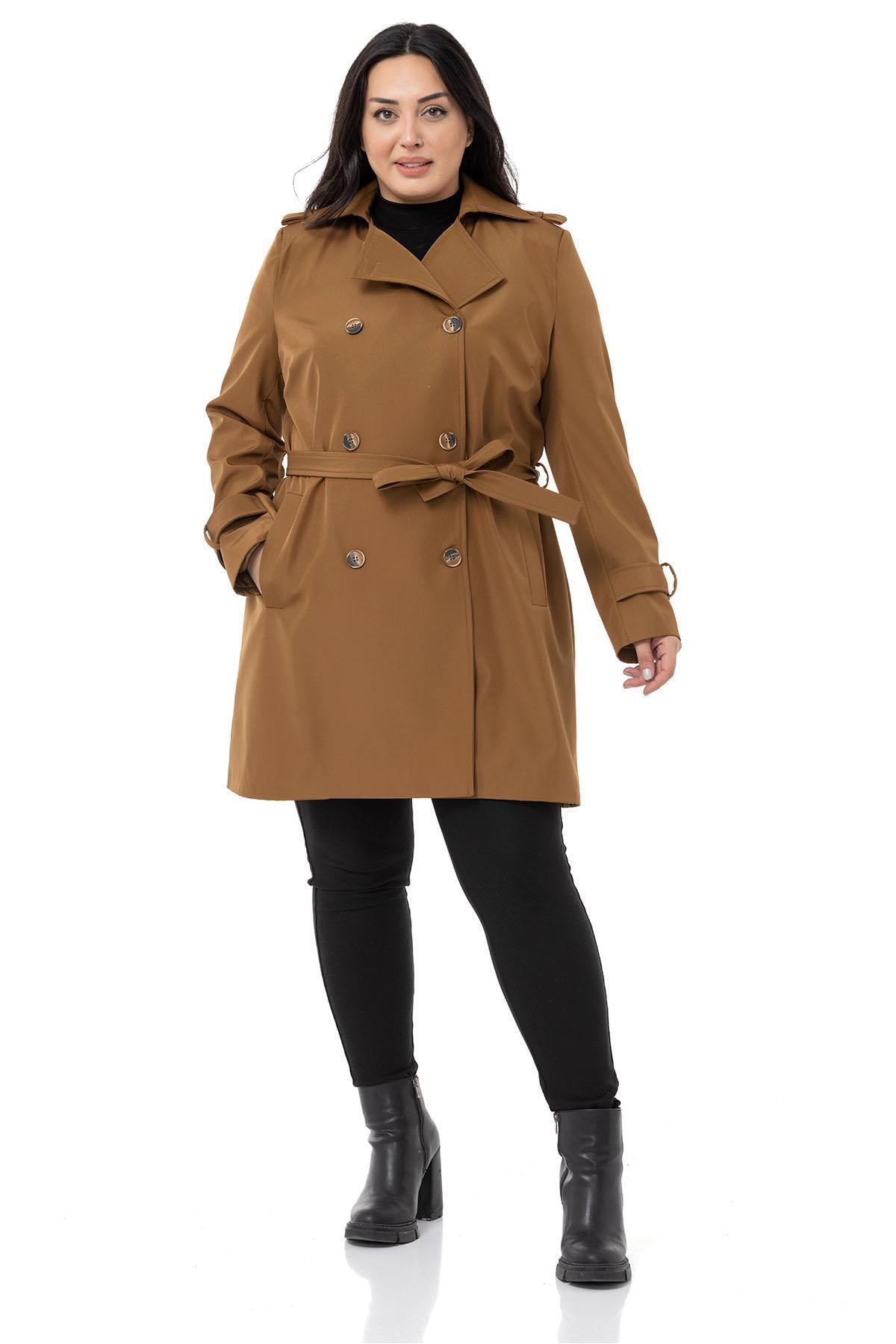 Büyük Beden Kruvaze Fleto Cepli Kuşaklı Apoletli Astarlı Tarçın Trençkot