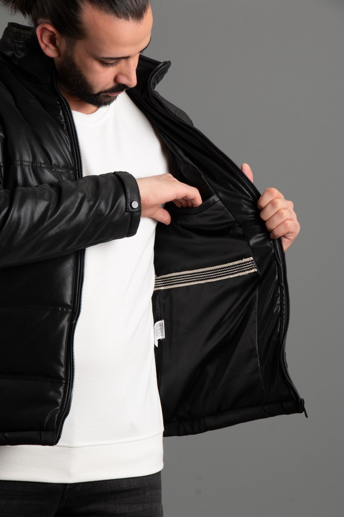 ZEKİ ÖZER-MEN'S BLACK HIGH COLLAR LEATHER COAT 3