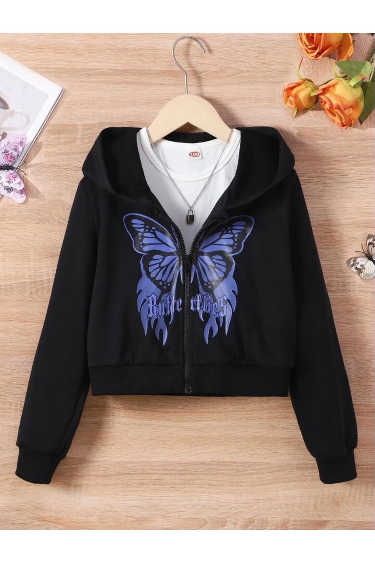 Siyah Butterfly Kelebek Baskılı Kız/Erkek Çocuk Hırka