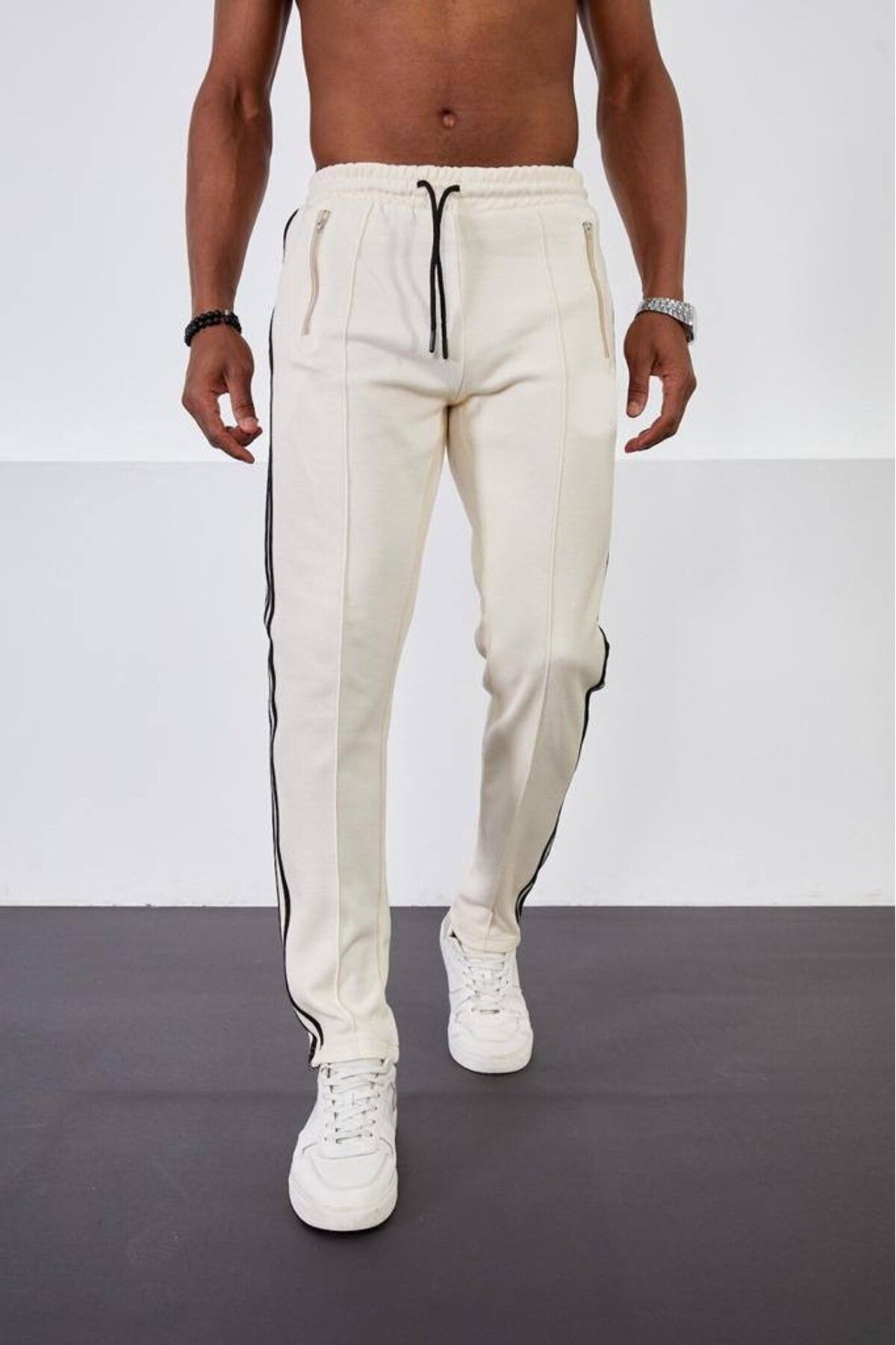 Men's Comfort Fit Pants With Side Stripes In Beige