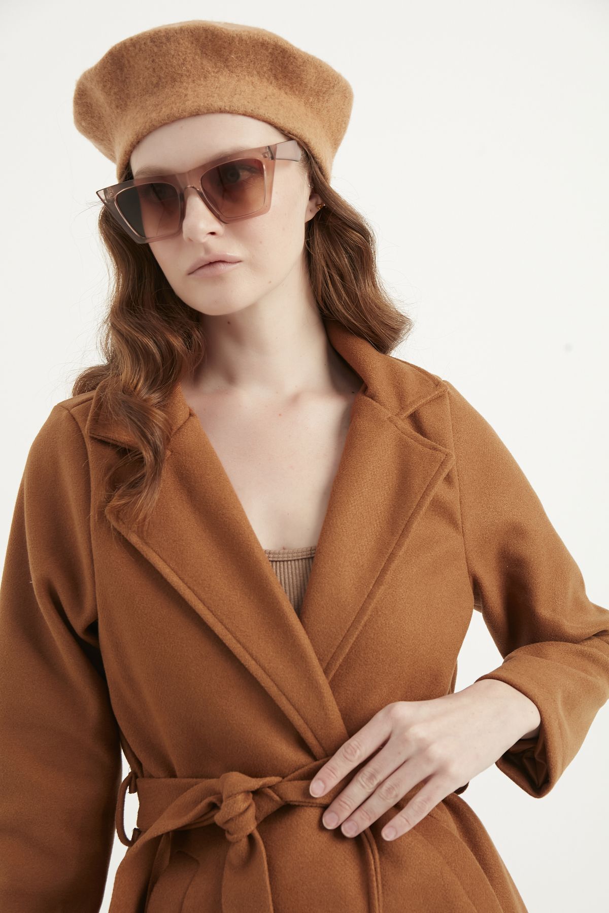 MEECY Women s Tan Belted Cashew Coat Trendyol