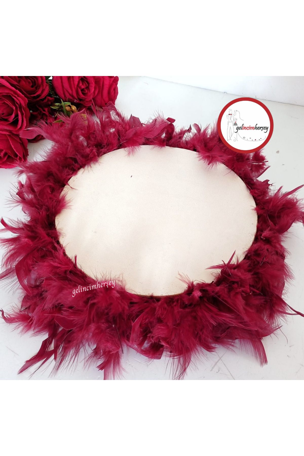 Gelincimherşey Gelin Için Bordo Tüylü 27 Cm Çapında Deri Tef