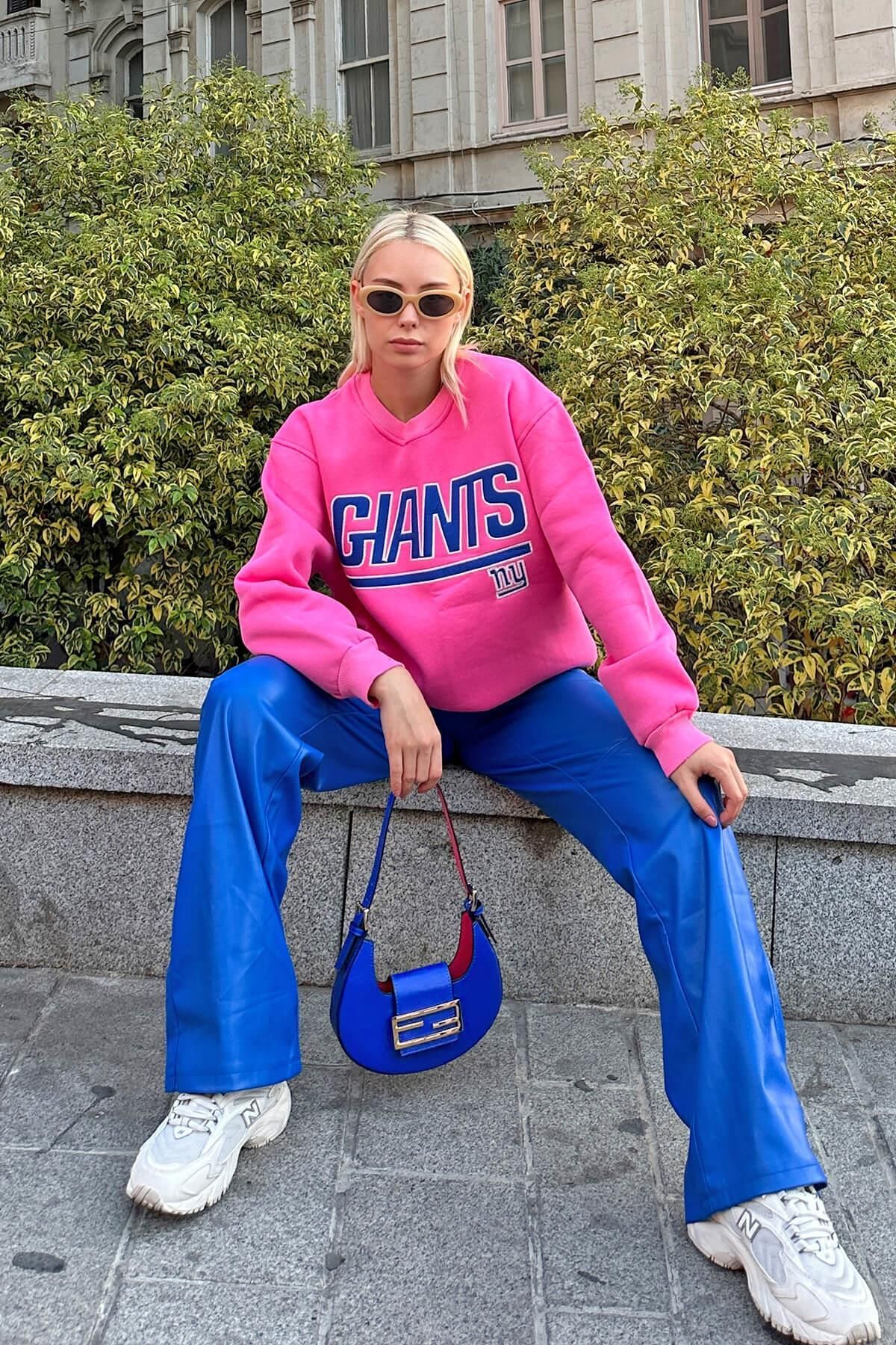 Swist Pink Giants Embroidered Cotton Women s Sweatshirt Trendyol