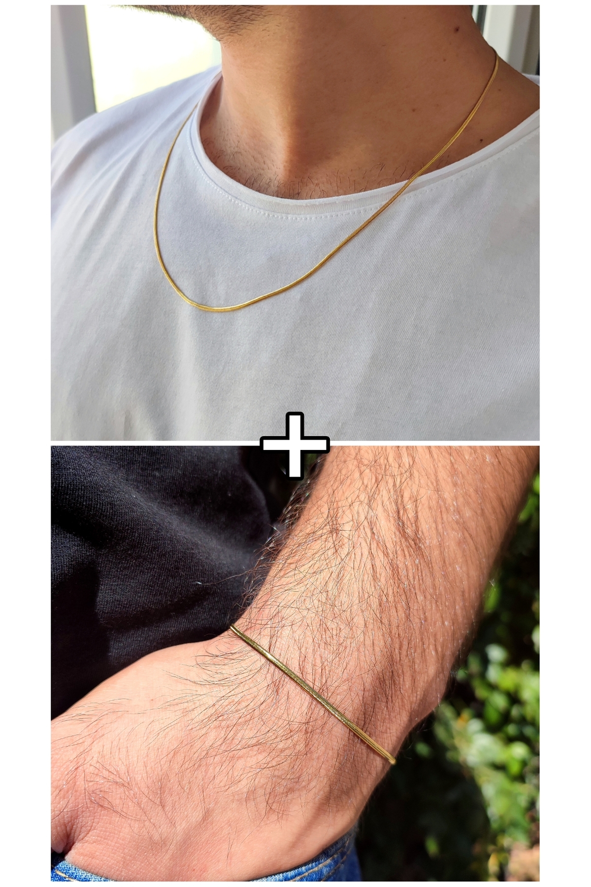 Evorya Paslanmaz Çelik Unisex İnce Yassı İtalyan Kolye Ve Bileklik Set Kombini Gold