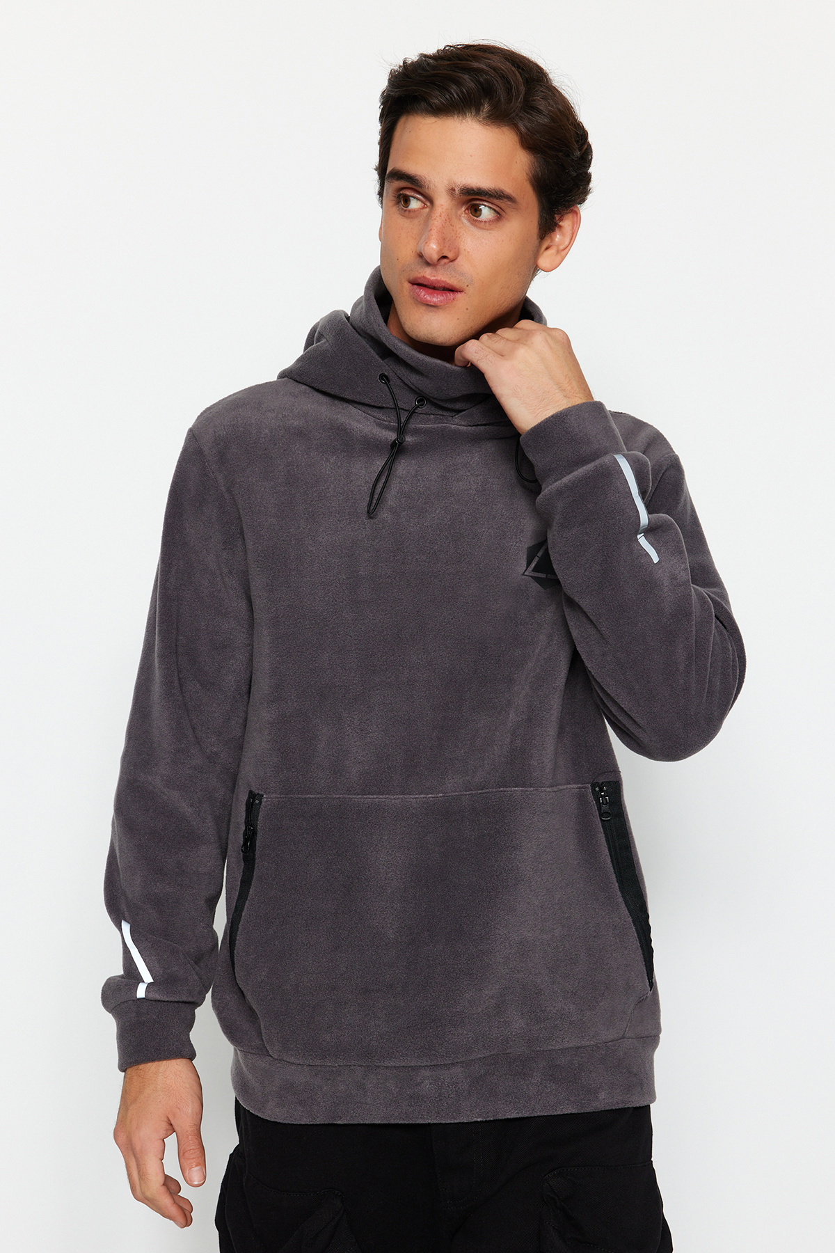  Trendyolmilla Man Premium Antrasit Oversize/Normal Kesim Bask?l? Anti-pilling Polar Sweatshirt