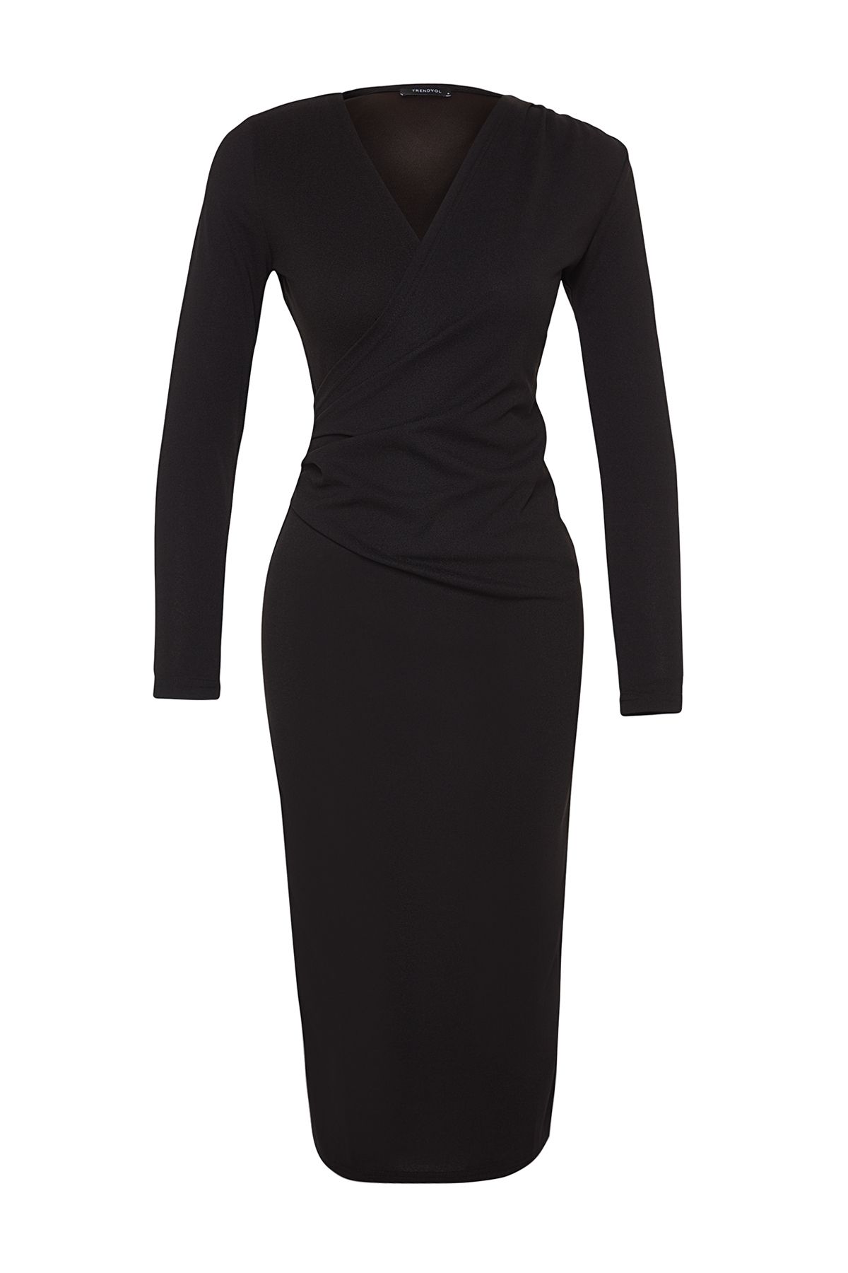Trendyol Collection-Schwarzes, zweireihiges Midi-Strickkleid mit Kragen und langen Ärmeln und detailliertem, tailliertem Schnitt TWOAW24EL00826 7