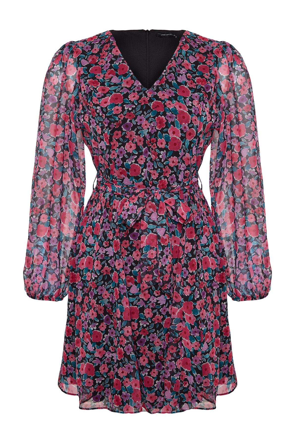 Trendyol Curve-V-neck Chiffon Lining -Multicolor Flower Print Dress TBBAW24AH00054 6