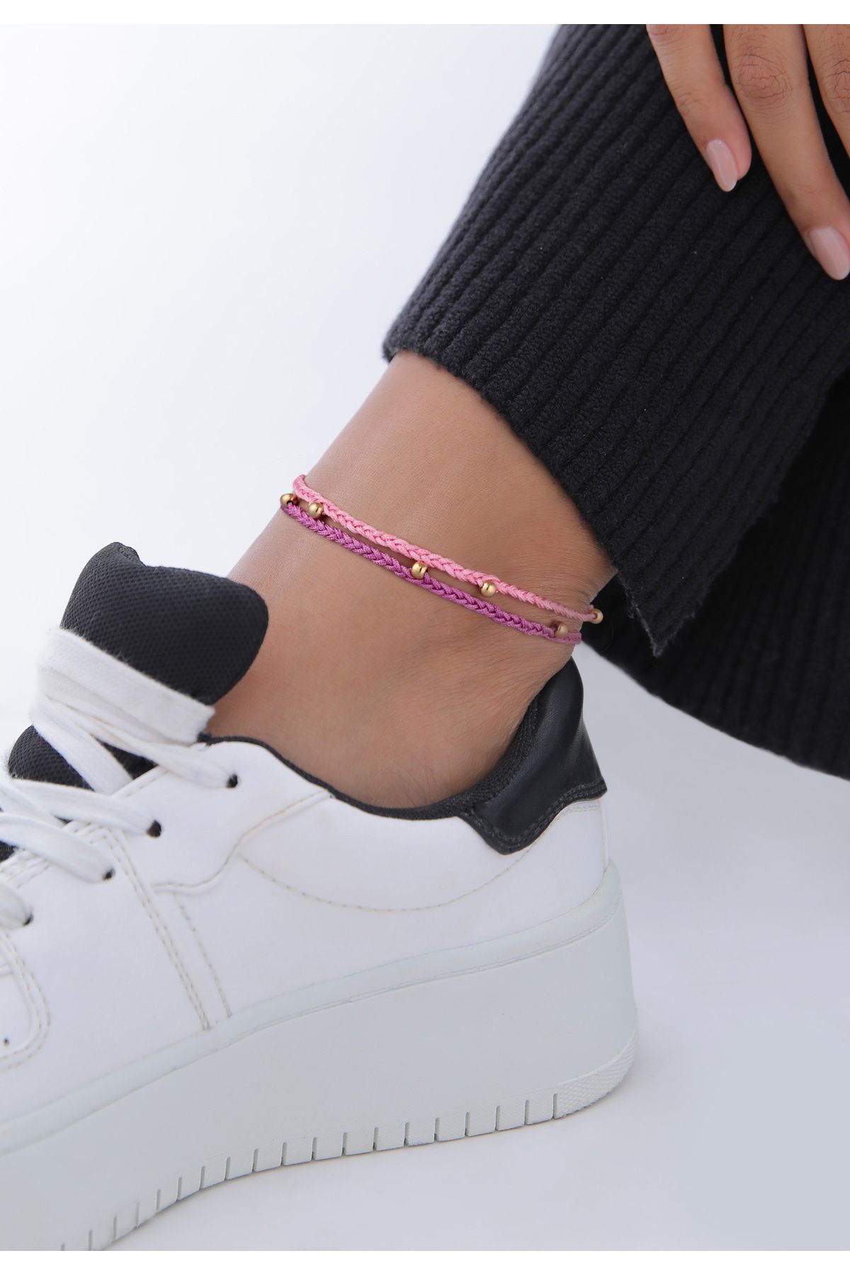 ELLI-Fußschmuck Nylon Bändchen Zopfdesign Perlen 2er Set 925 Silber 5