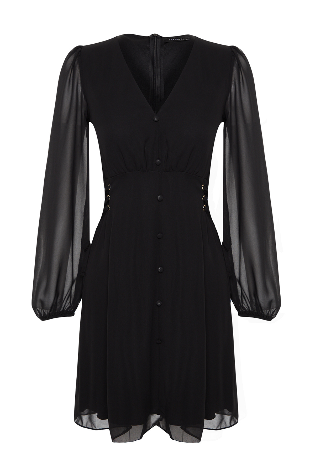 Trendyolmilla  Siyah Kuşgözü Detaylı Düğmeli Astarlı Şifon Dokuma Elbise TWOAW24EL00348 - Görsel 7