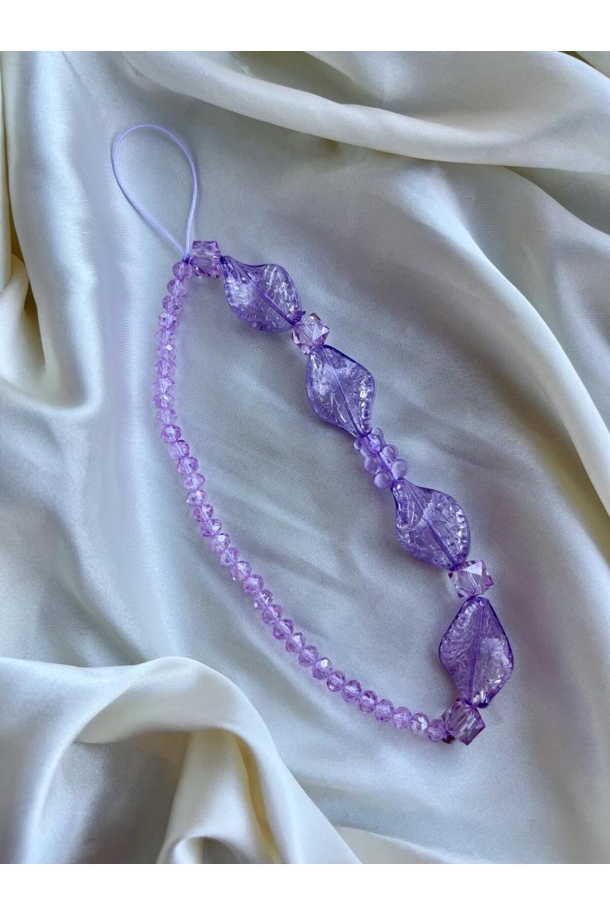 Purple Design Teddy Bear and Crystal Detailed Phone Charm Phone Rope Bag Ornament