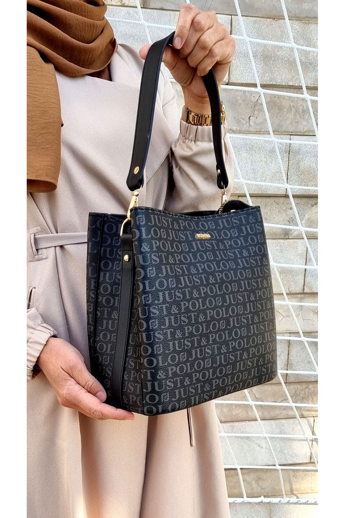 Just Polo Women s Black Two Strap 4 Compartment Shoulder Bag and