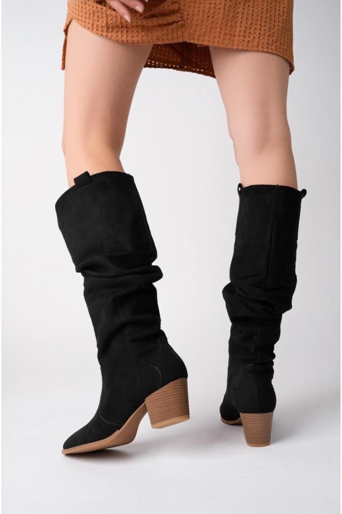 Pine Cone-401 Women's Canvas Thick Heeled Pull-On Boots Black 3