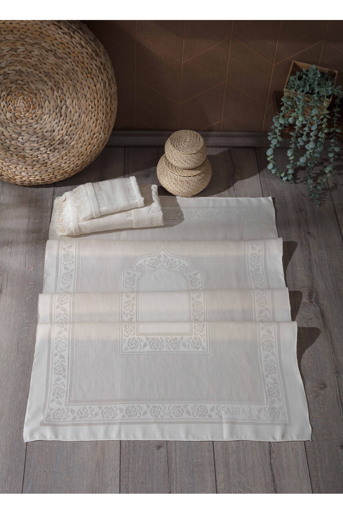 sarra 3-Piece Fringed Etamine Prayer Rug Set - Cappuccino