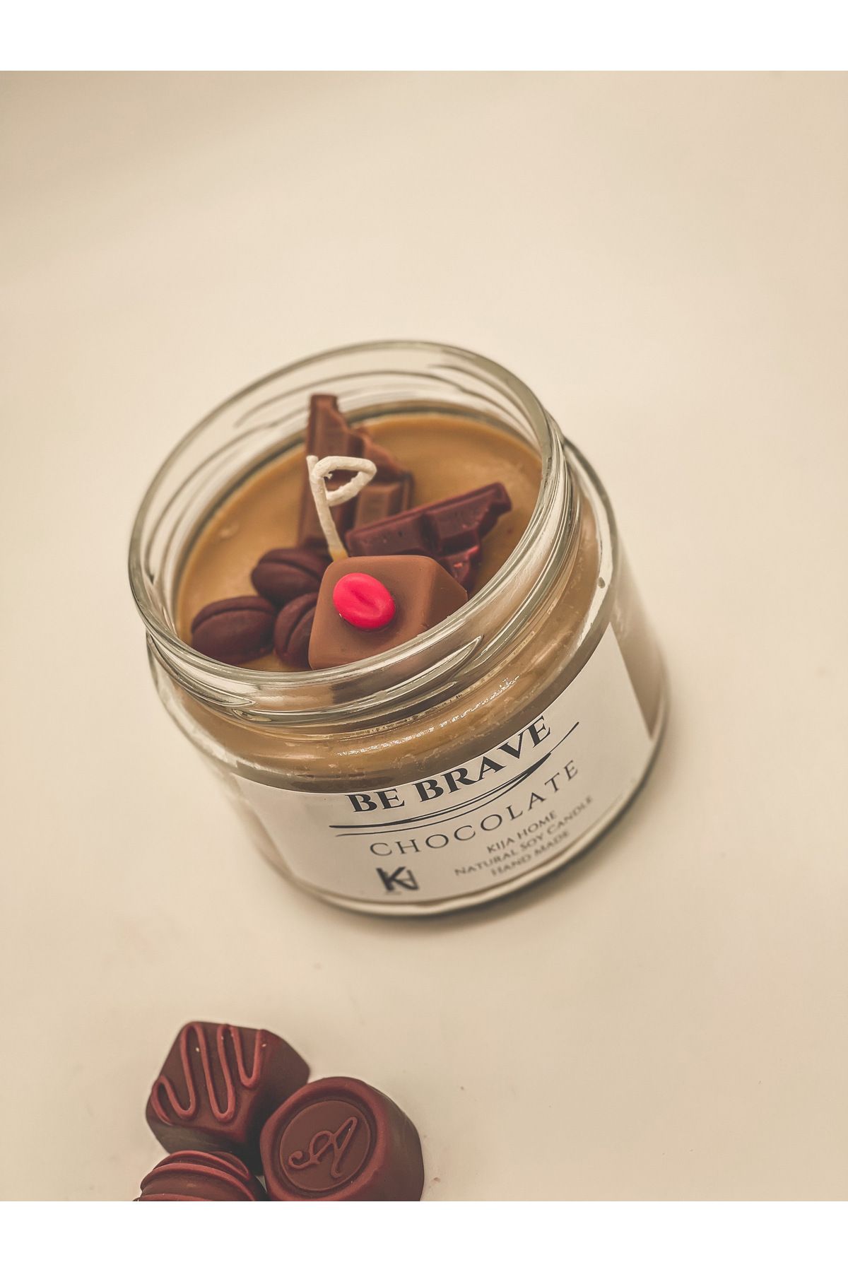 Tamamen El Yapımı Kokulu Pasta Mum, Dekoratif Kavanoz Mum, Soya Wax Chocolate - 002