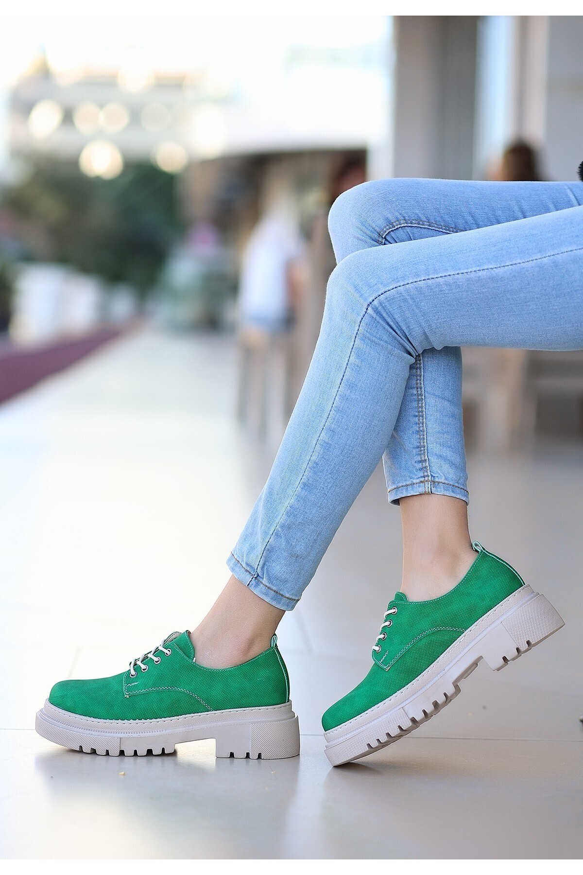 Teri Yeşil Cilt Desenli Bağcıklı Ayakkabı