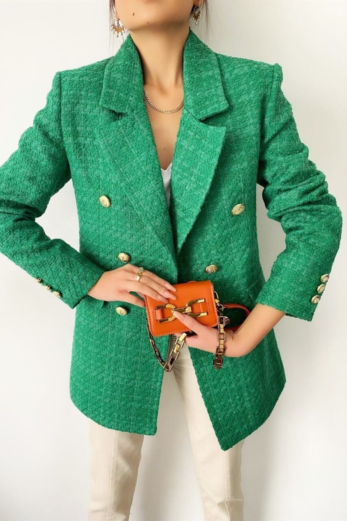 buqre s moda Women s Gold Buttoned Double Breasted Boucle Blazer