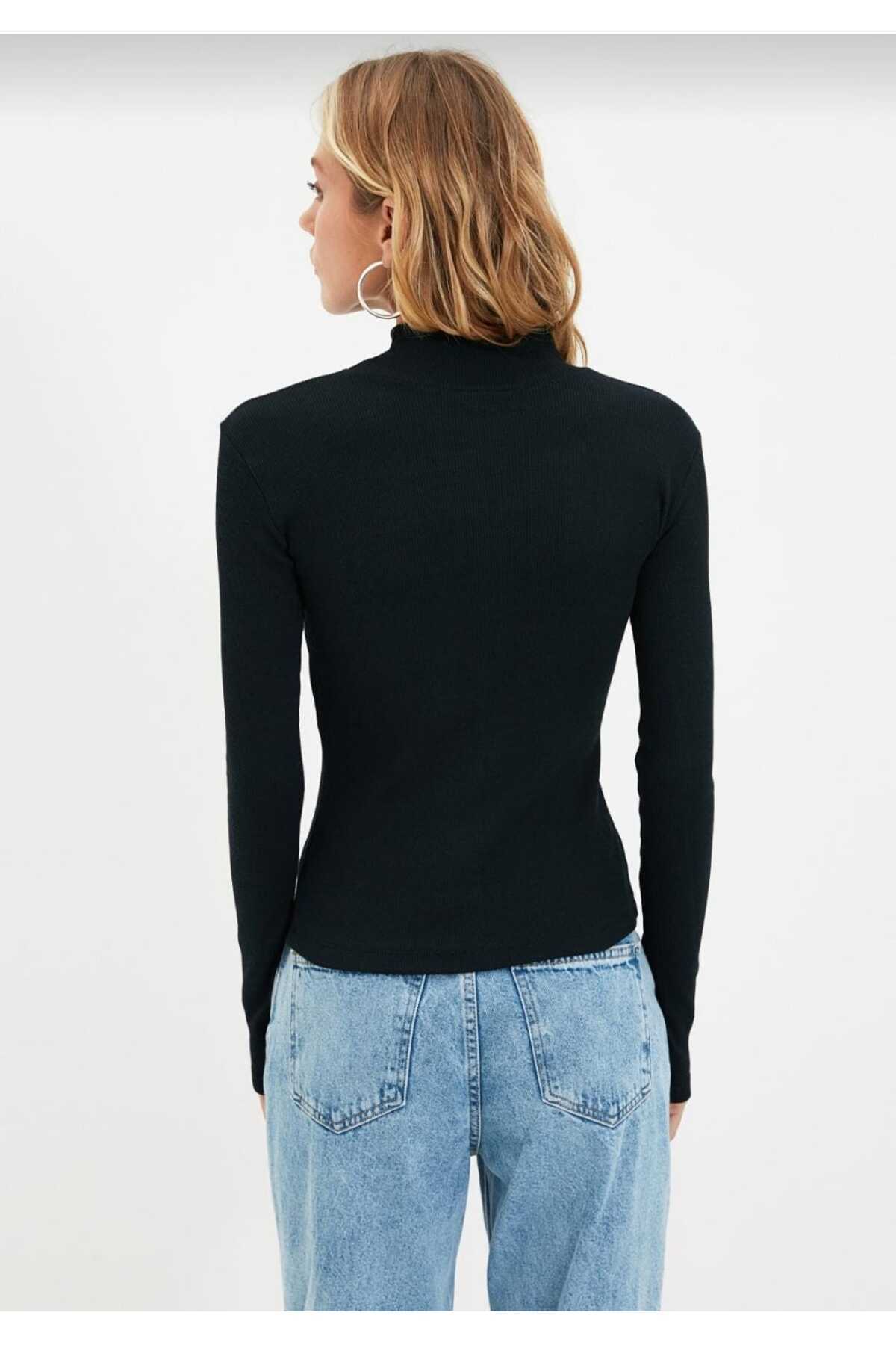 mor butik MOR BUTIK černá přiléhavá blůza s rolákem, dlouhým rukávem a žebrovaným úpletem, flexibilní pletená halenka dark01001