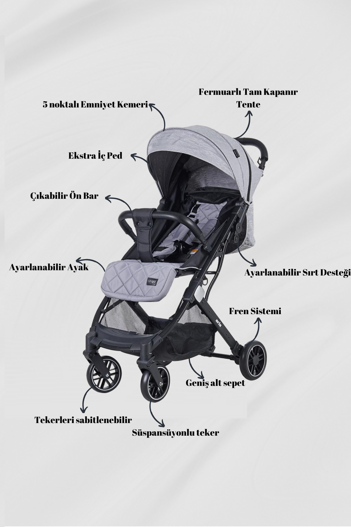 Prego Aria Gri Hafif Tek Elle Katlanır Kabin Boy Bebek Arabası fotoğrafı 2 (önizleme)