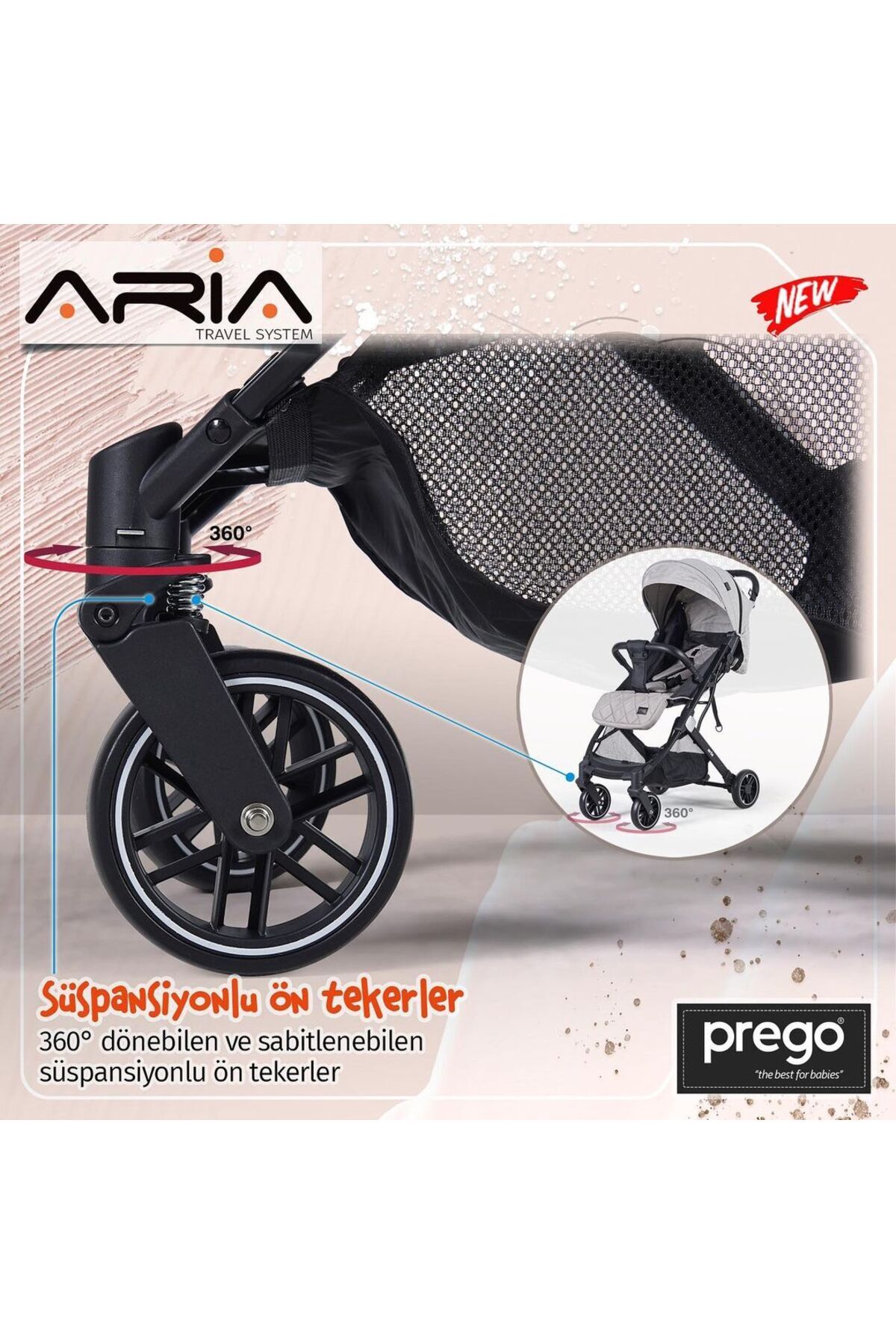 Prego Aria Gri Hafif Tek Elle Katlanır Kabin Boy Bebek Arabası fotoğrafı 4 (önizleme)