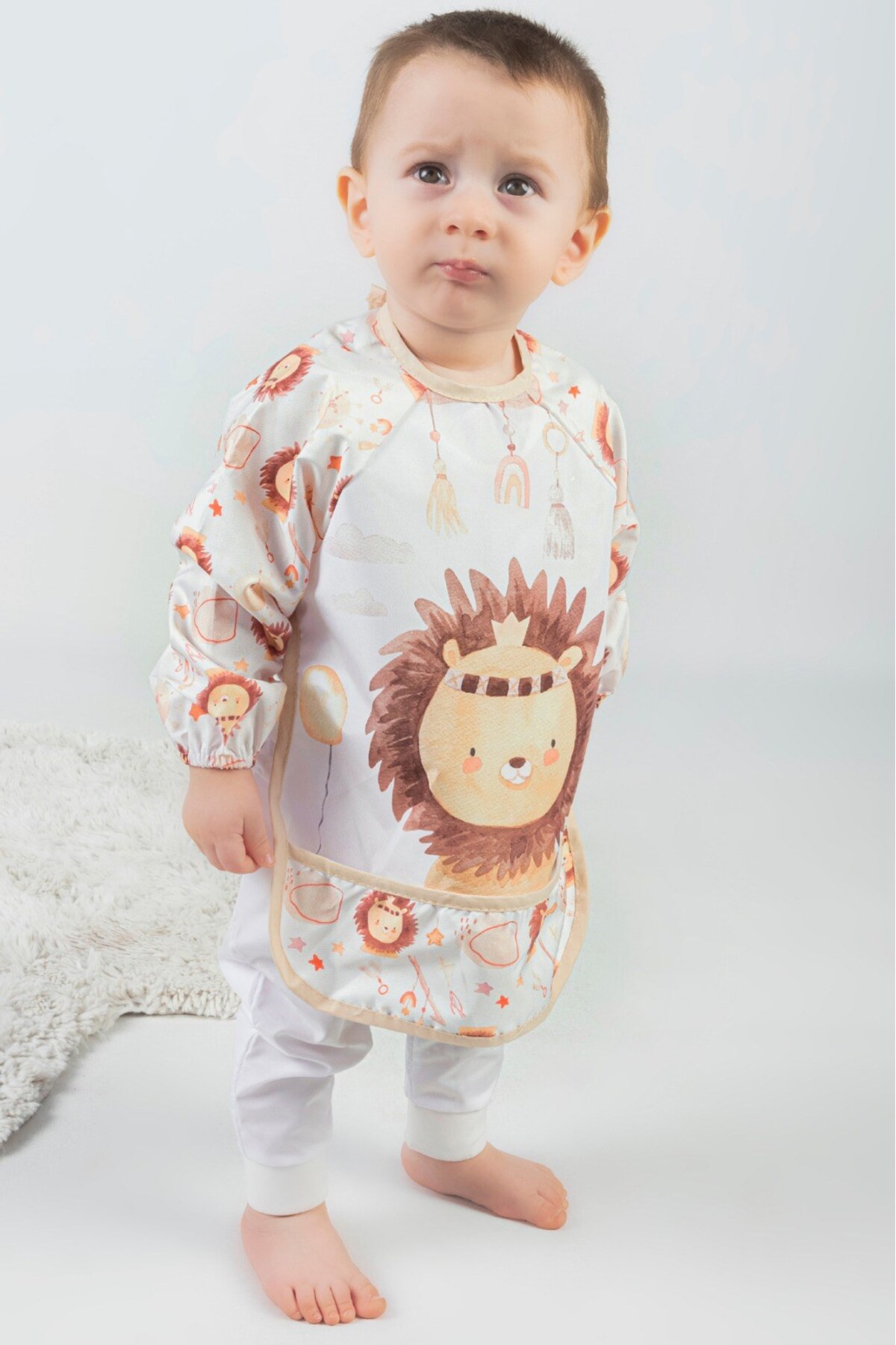 Püskül Aslan Desen Bebek Mama Önlüğü Kollu Sıvı Geçirmez 2