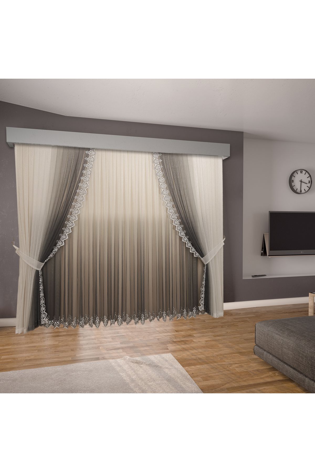 perhal perde ve halı-Gradient Color Gradient Anthracite Dark Gray Skirts with Embroidered Underwear, Tulle and Background Complete Set, Pleated Tulle Curtain 1