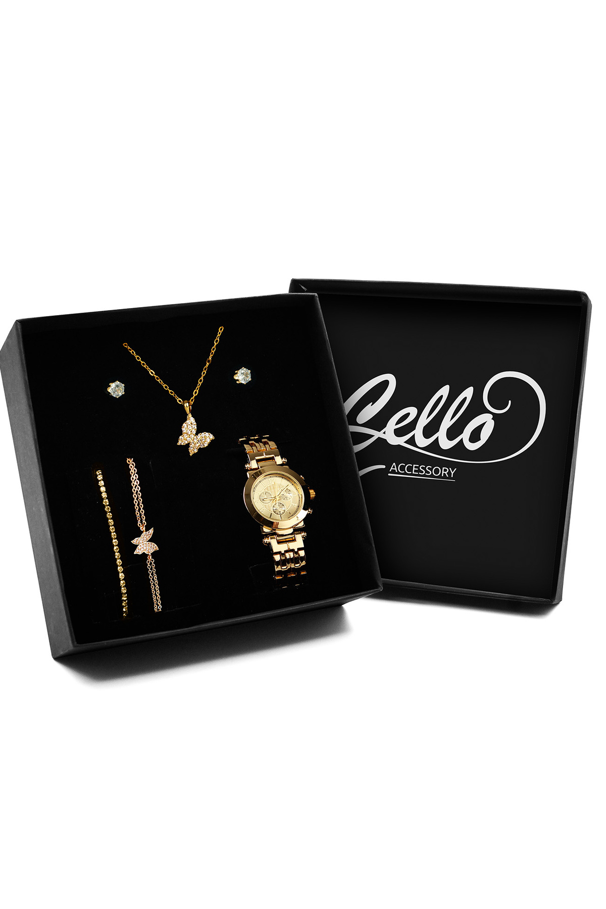 Cello Accessory Gold Renk Kaplama Kelebek Kolye & 2'li Küpe & Kelebek Bileklik & Zirkon Bileklik & Metal Saat Seti