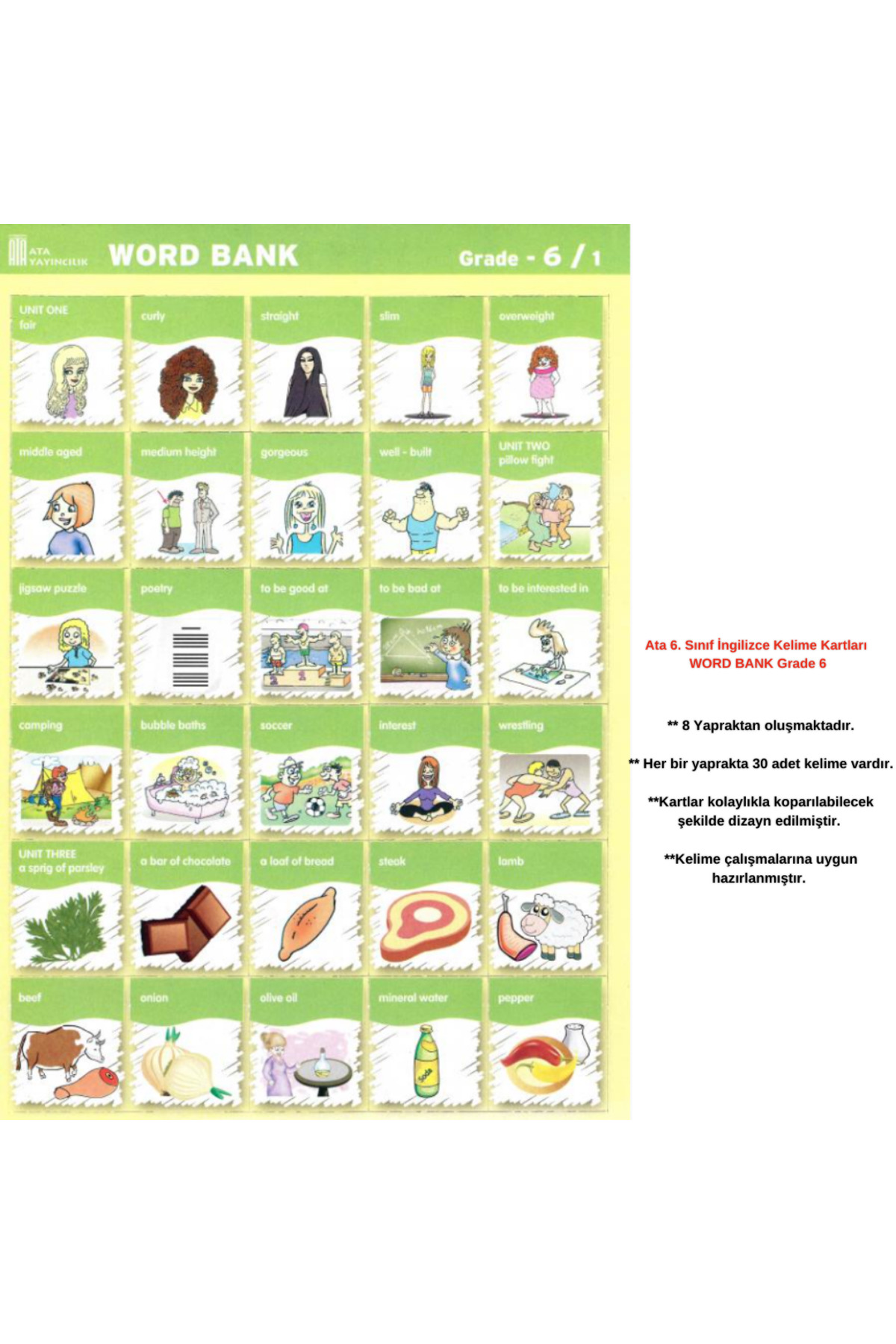 Ata Yayıncılık 6. Sınıf Ingilizce Kelime Kartları Word Bank Grade 6 Ata Yayıncılık