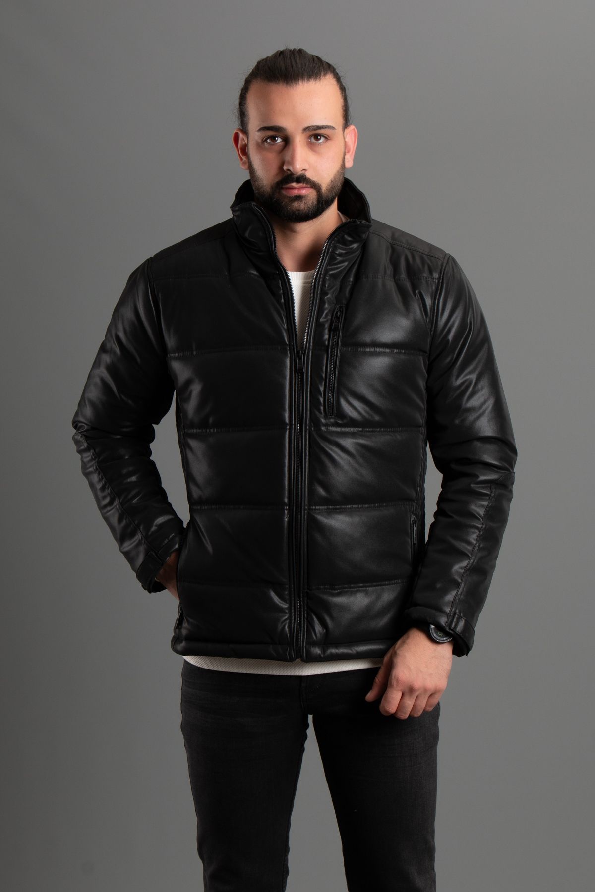 ZEKİ ÖZER-MEN'S BLACK HIGH COLLAR LEATHER COAT 4