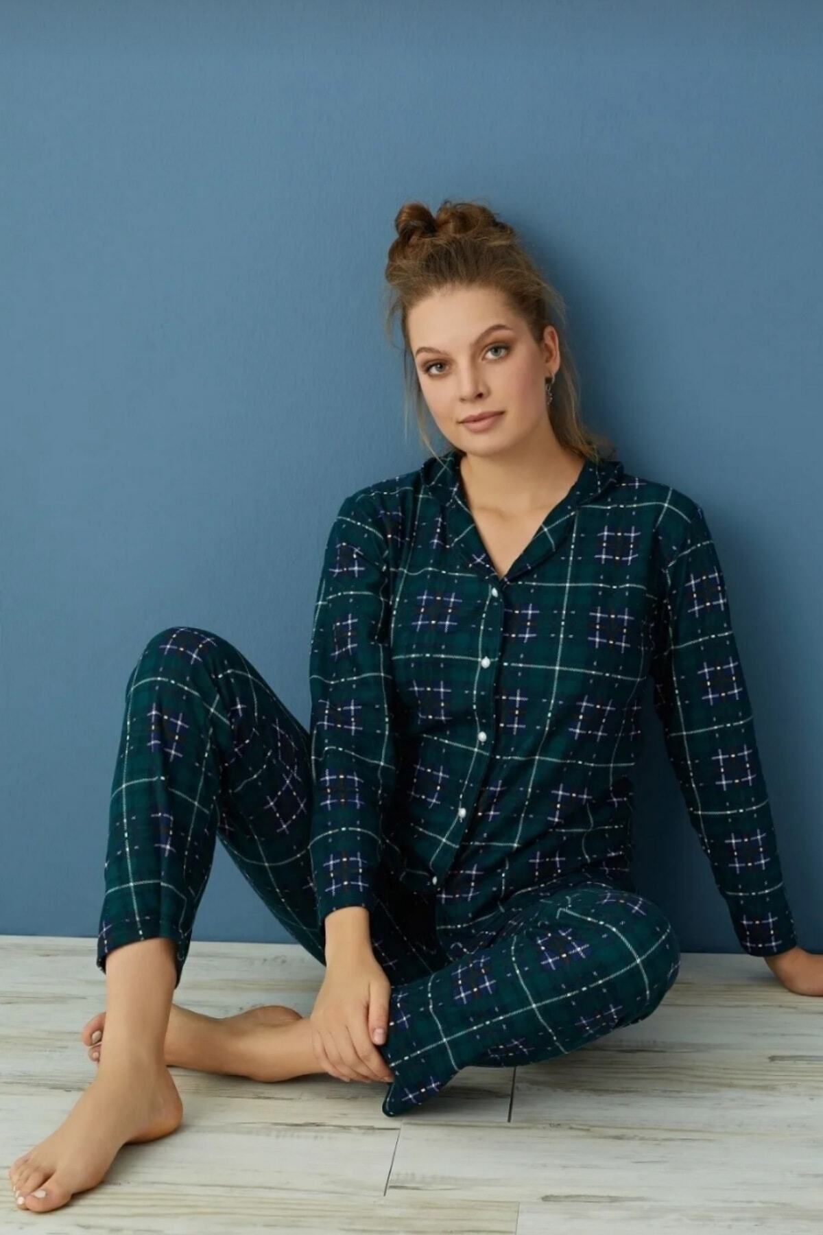 bigiyin Green Suede Fabric Buttoned Pajama Set Women s Pajama Set