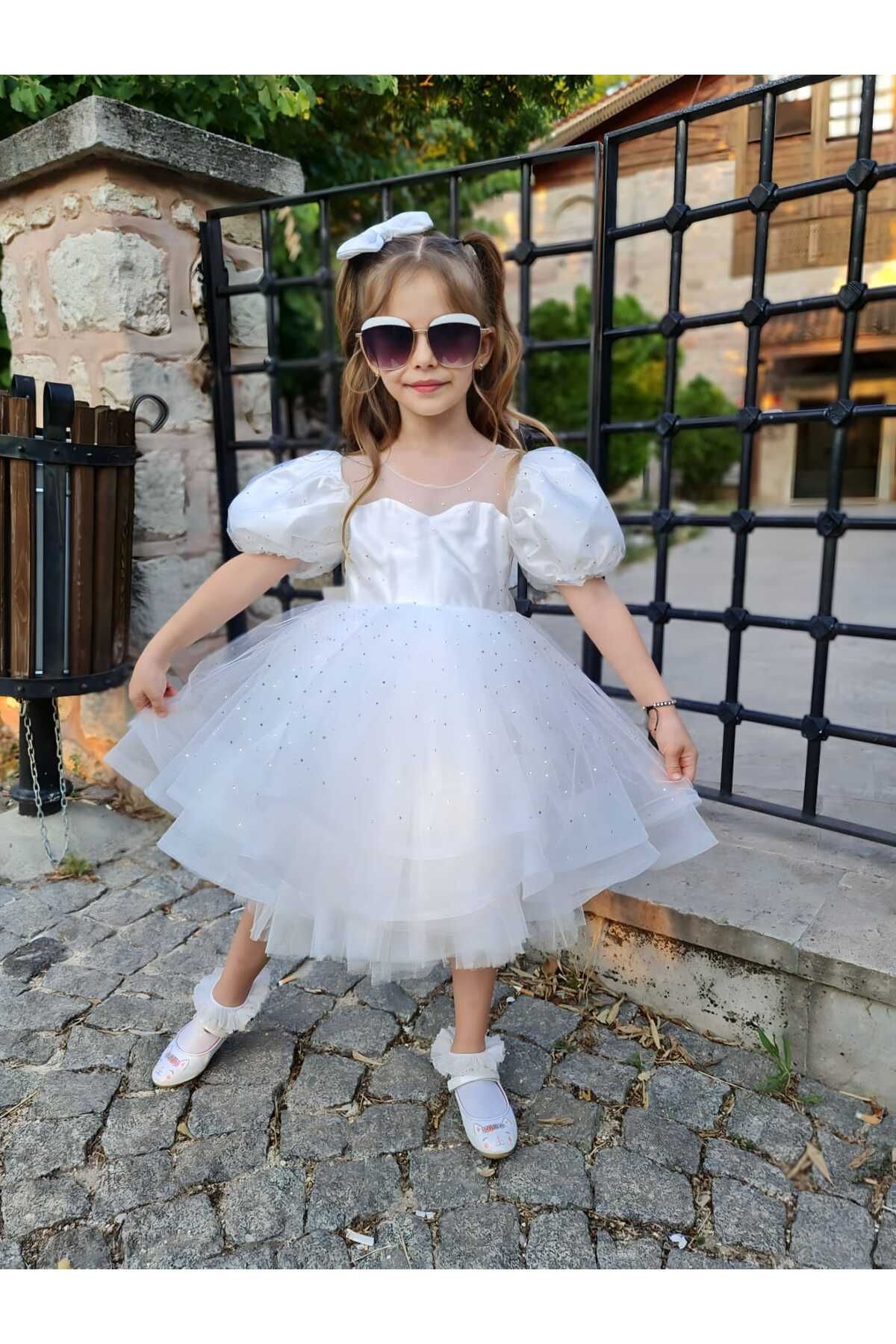 Sare Çocuk Giyim-Βραδινό φόρεμα Princess Fluffy Girl Παιδικό Λευκό Νυφικό 6