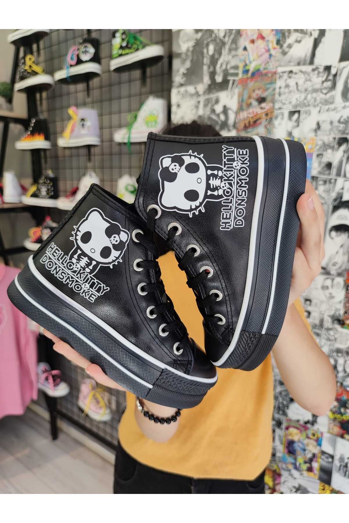 MECH BUT K HelloKitty Donsmoke Bask l Deri Yuksek effaf Taban Bilekli Spor Ayakkab Sneaker