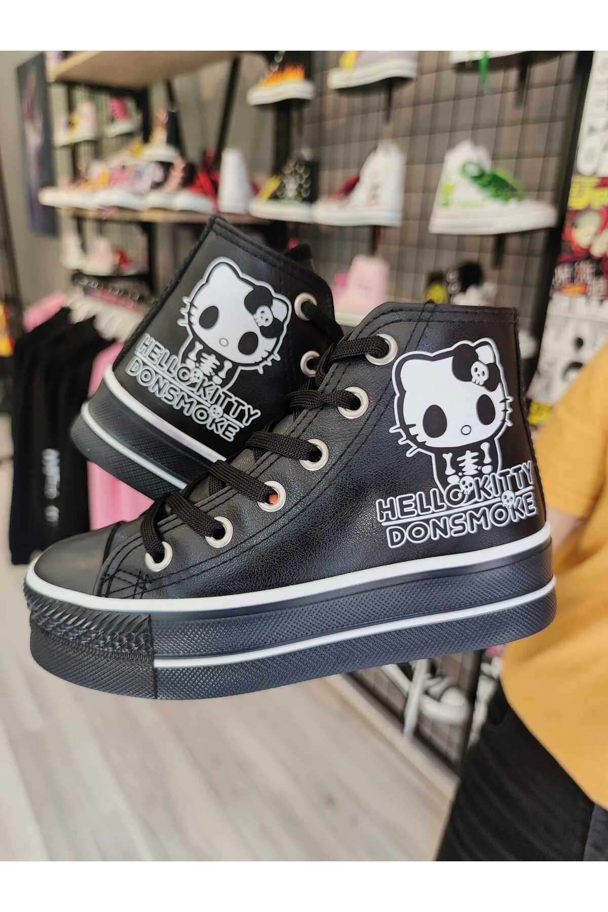 MECH BUT K HelloKitty Donsmoke Bask l Deri Yuksek effaf Taban Bilekli Spor Ayakkab Sneaker