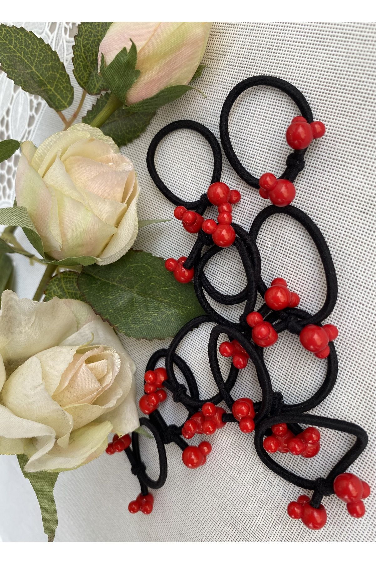 SHEKER HOME-Pack of 8 Red Beaded Elastic Buckle with Mickey Figure 1